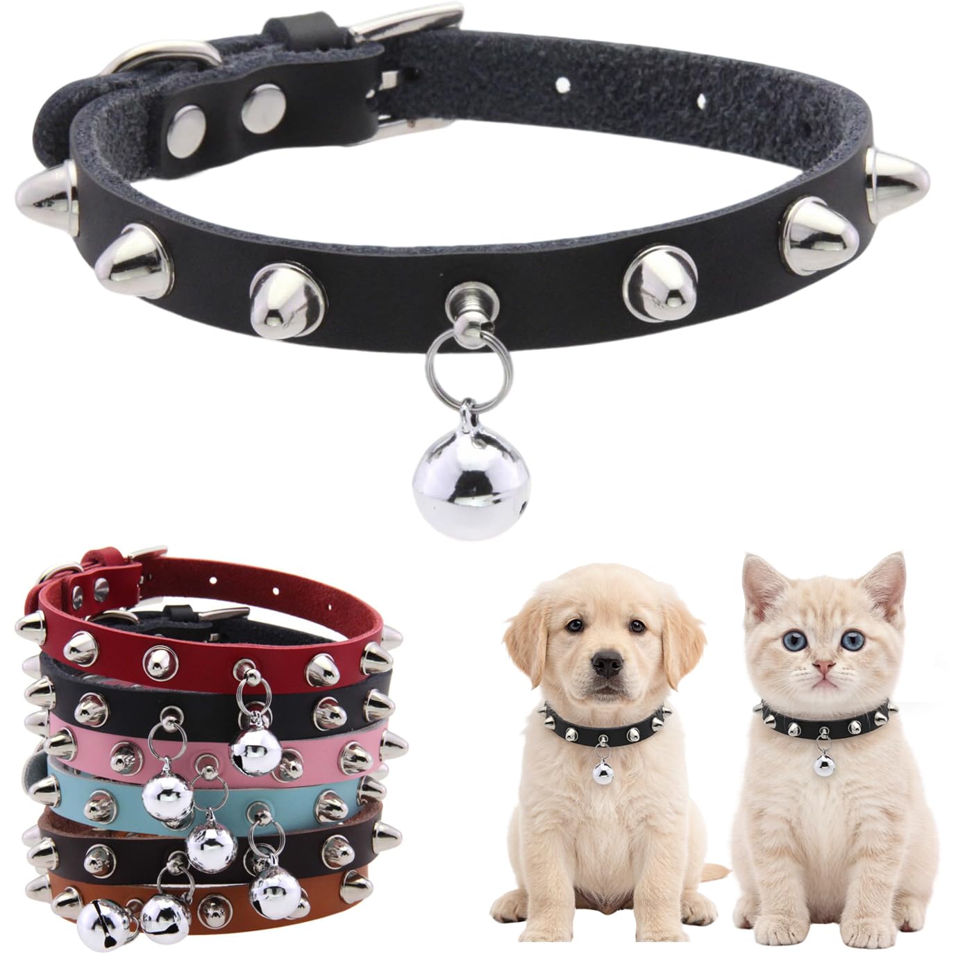 Black Small Spiked Dog Collar for Small Dogs with Bell Rivet Spike Studded Puppy Girl Female Boy Little Cat Kitten Adjustable Collars Pu Leather for xsmall small breed male Spiky Stud Mushrooms Collar