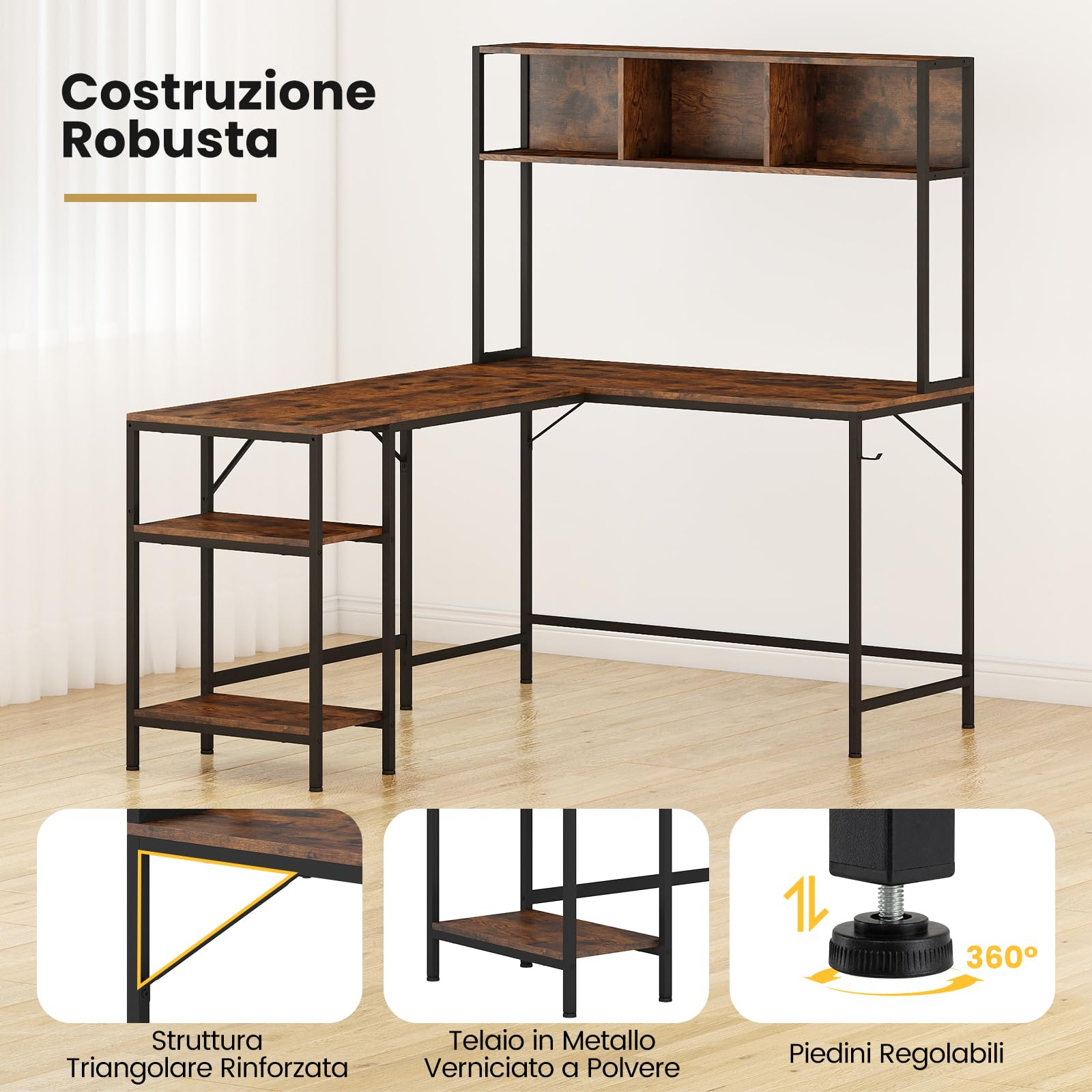 COSTWAY Scrivania a Forma di L con Libreria, Ripiani e Gancio per Cuffie, Scrivania Angolare in Legno con Robusto Telaio in Metallo, Scrittoio per Computer per Soggiorno, Studio e Ufficio (Marrone)