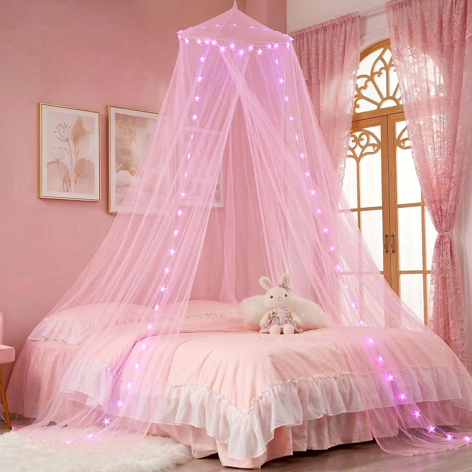 Amazon.com: HEYCOLOR Pink Bed Canopy with Star Lights for Girls