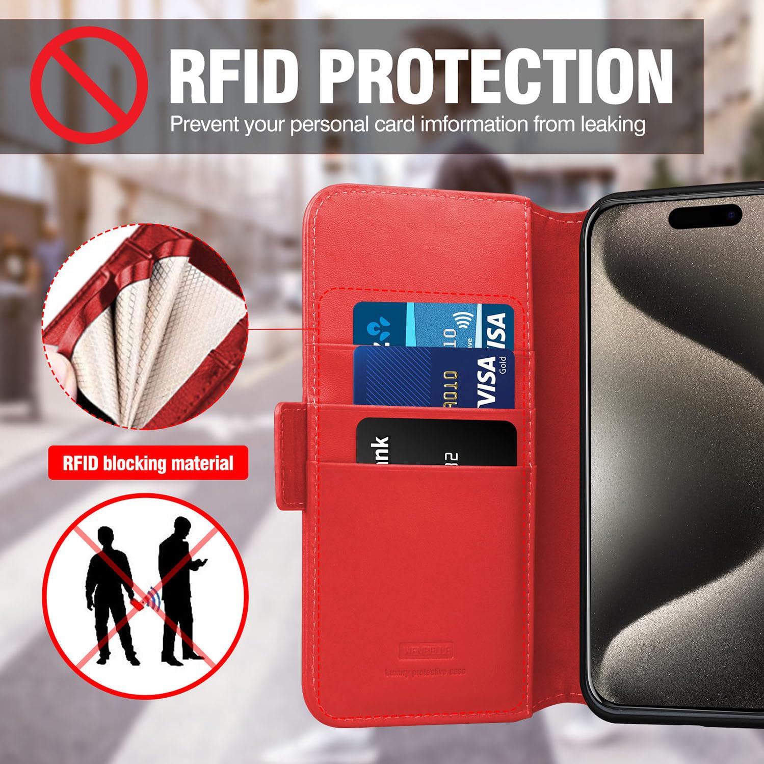 STAWLKA Case For IPhone 15 Pro Max, Premium PU Leather Flip Magnetic Buckle Wallet Case Kickstand Blocking RFID Shockproof Protective Phone Cover For IPhone 15 Pro Max - Red