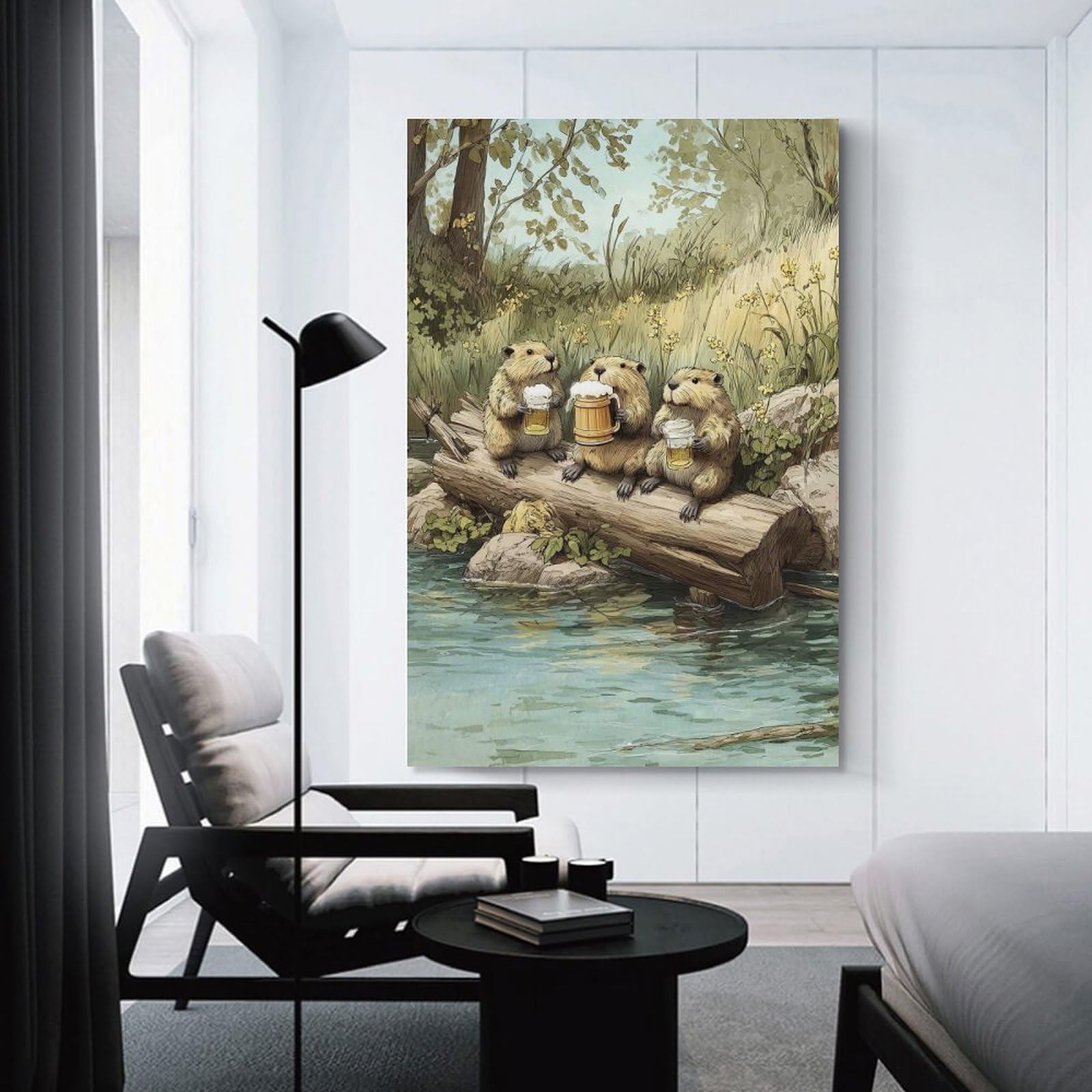 Junmoney Unframe-Style-10 Beavers Drinking Beer On A Log Canvas Wall Art 08X12inch(20X30cm), For Office Decor, Home Working Or Creative Rooms, Wall Art That Adds Style To Work Areas