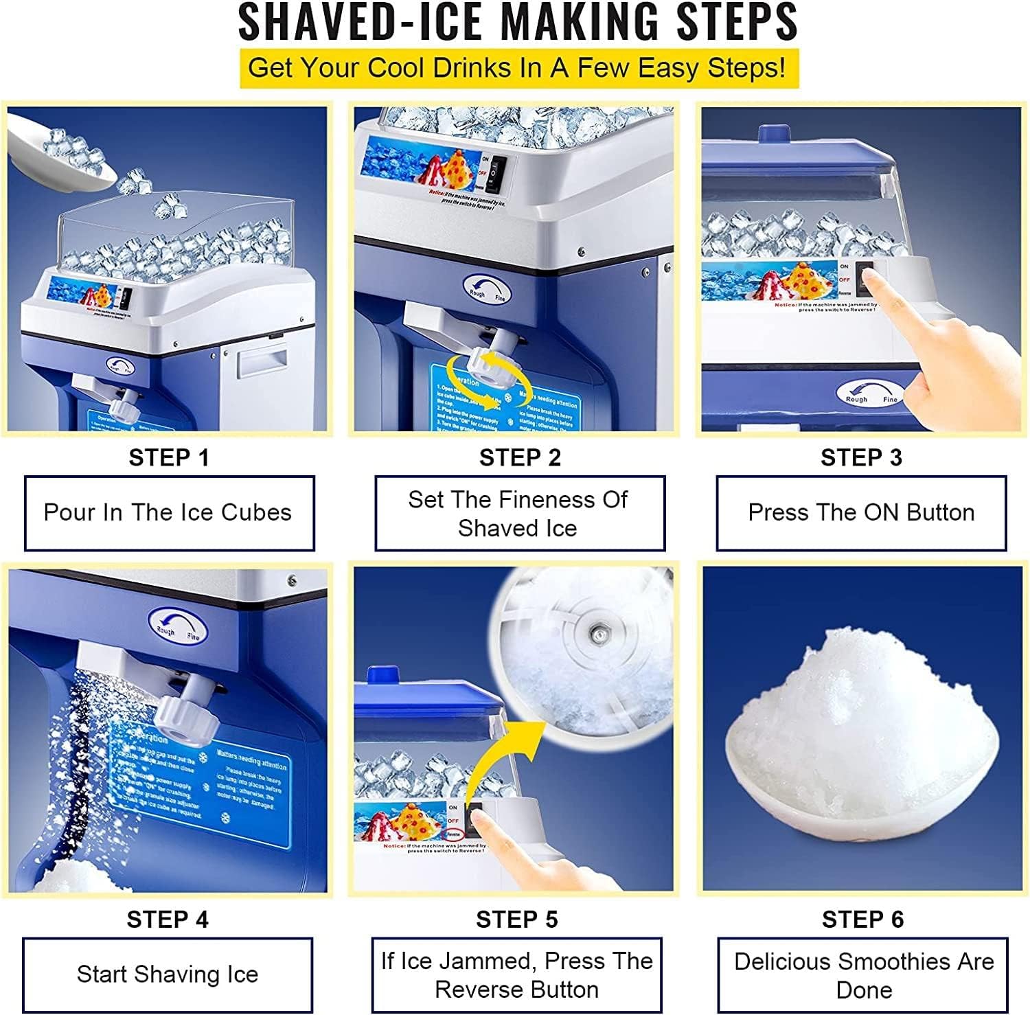 Commercial Ice Shaver Snow Cone Maker Ice Shaving Machine Tabletop Shaved Ice Crusher, 250W Cold Drink Shop Food Grade Material