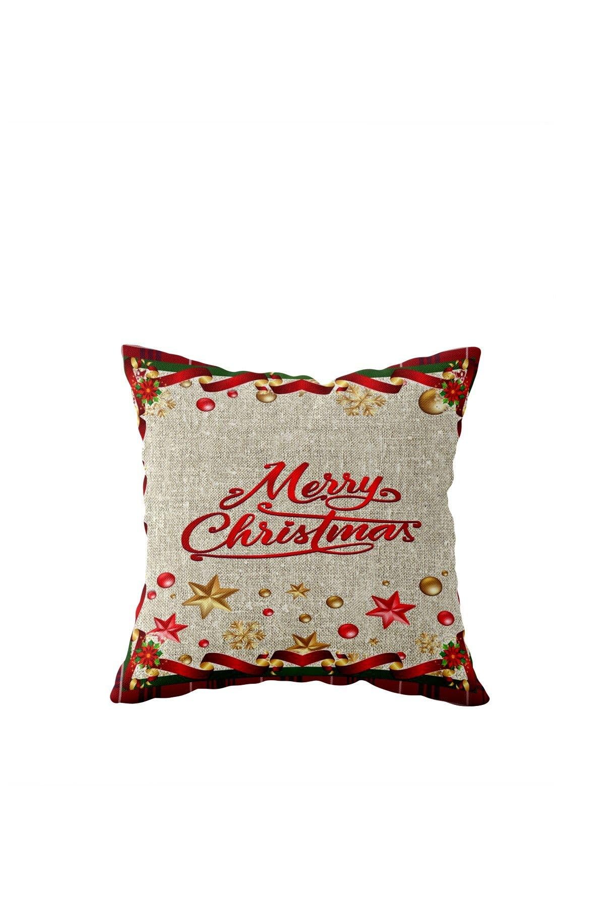 Pelangi Merry Christmas Süsü Hediye Tema Çift Taraflı Gizli Fermuar Kırlent Koltuk Yastık Kılıfıı, Gold-Kırmızı-Bej 43 x 43