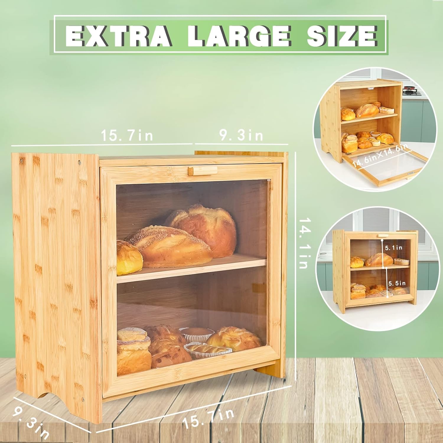 Buy Extra Large Bamboo Bread Box for Kitchen Countertop Wooden Boxes