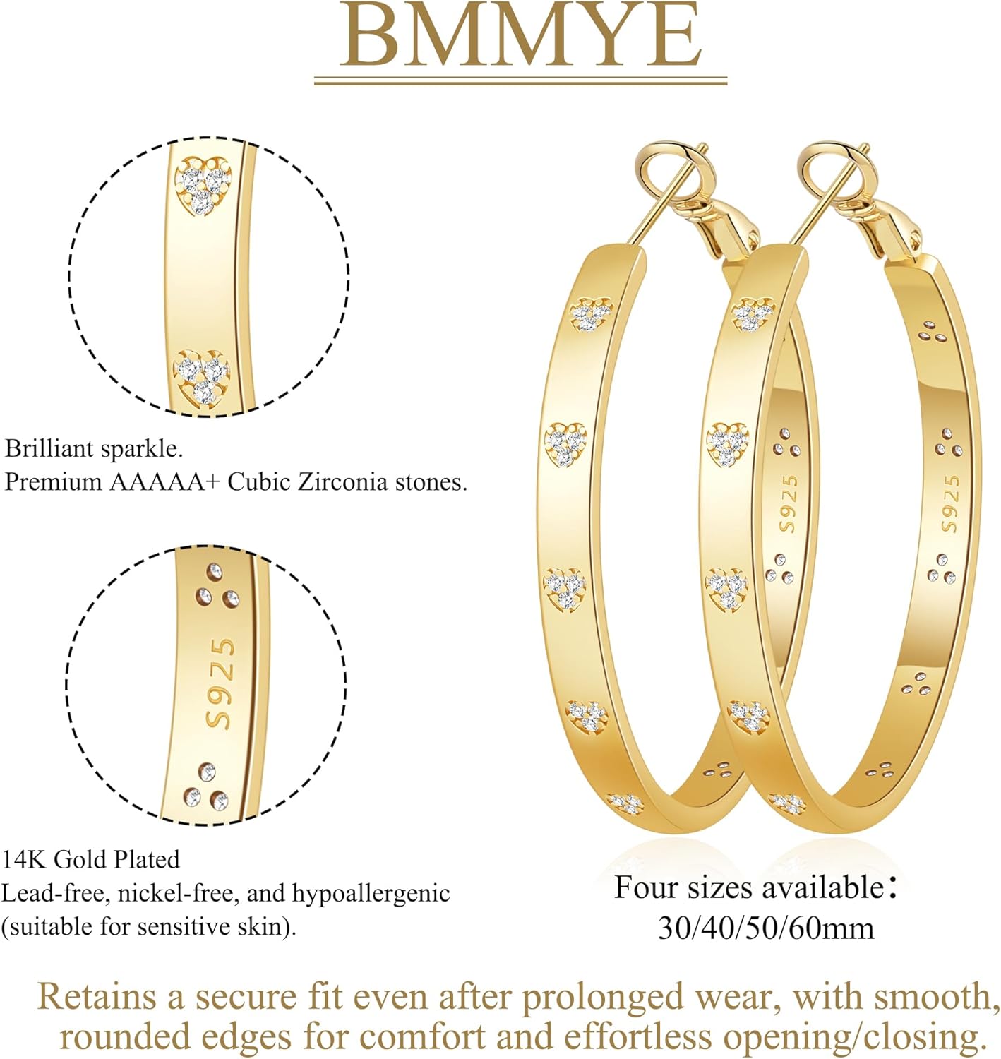 BMMYE Sterling Silver Hoop Earrings for Women Lightweight Gold Hoop Earrings with Heart Cubic Zirconia 20/30/40/50/60/70mm Hypoallergenic Hoops - Image 4