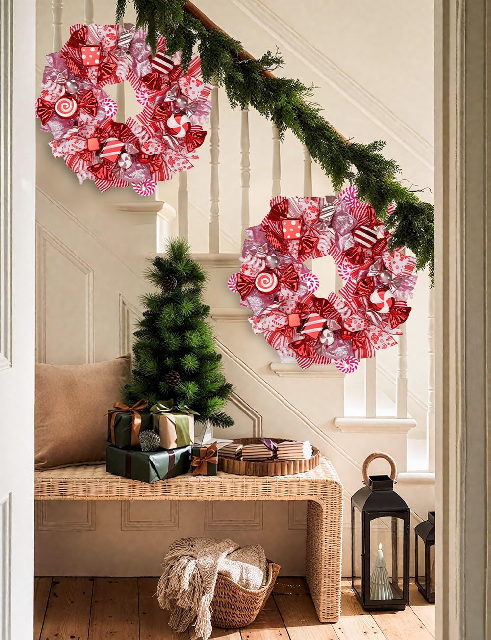 20" Christmas Wreath with Candy Themed for Front Door Decorations, Christmas Door Wreath with Red & Pink Bow, Candy Canes for Home Wall Indoor Outdoor Xmas Decor
