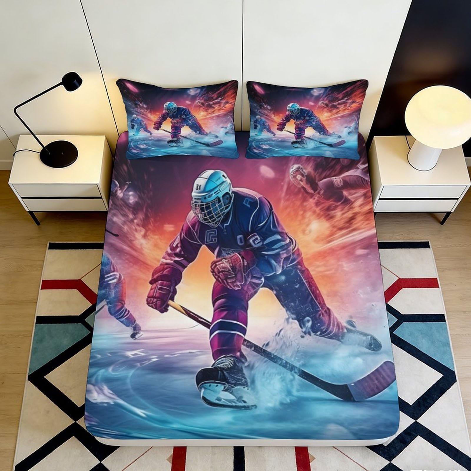 3D Printed ice hockey Fitted Sheet, soft touch Microfiber, wrinkle resistant, stylish room accent, apartment bedding for bedroom decor 120x200x25cm