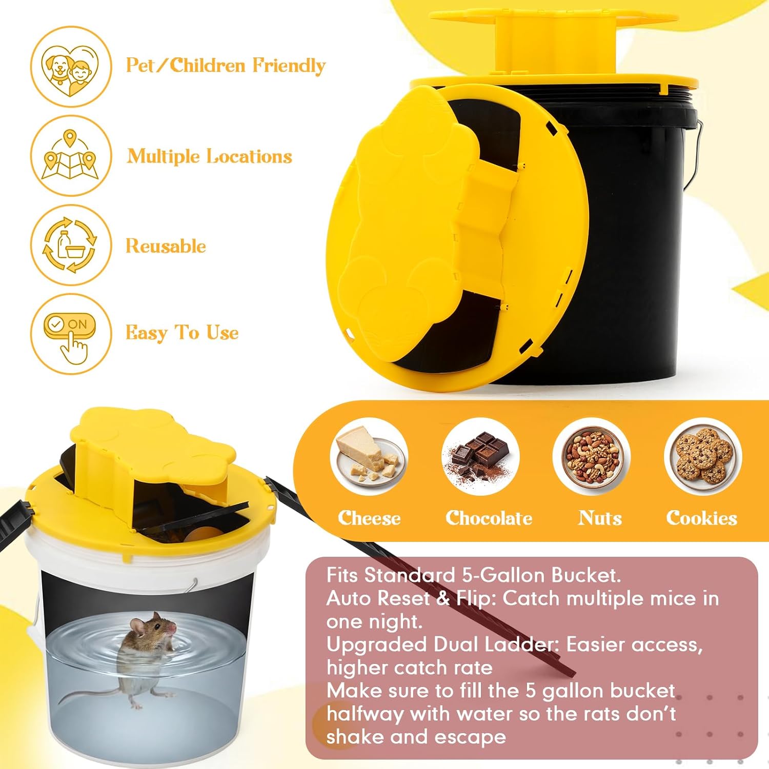 Qualirey 8 Pcs Bucket Lid Mouse Trap 5 Gallon Mouse Rat Traps Reusable Bucket Trap for Mice and Rats Buckets Lid Rat Traps Mice Catching Tool for Indoor Outdoor, 5 Gallon Buckets Compatible