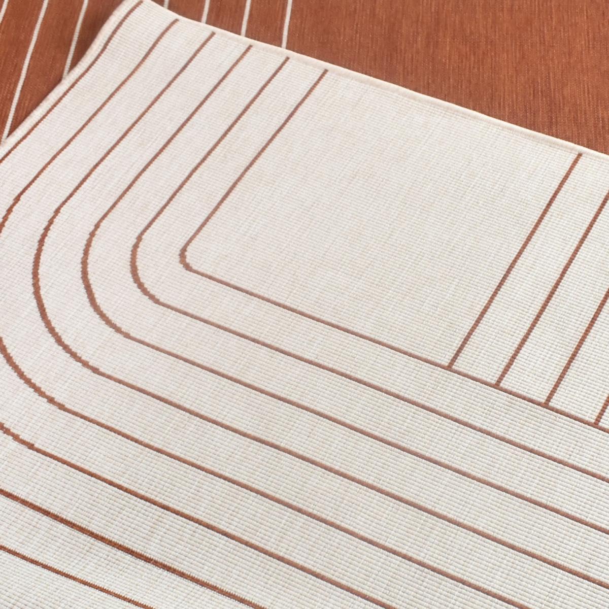 Tapis Exterieur 160 X 230 Cm, Terracota Et Écru Motif Géométrique Graphique, Kilim Tissé Belgique, Idéal Terrasse Jardin Balcon, 12056