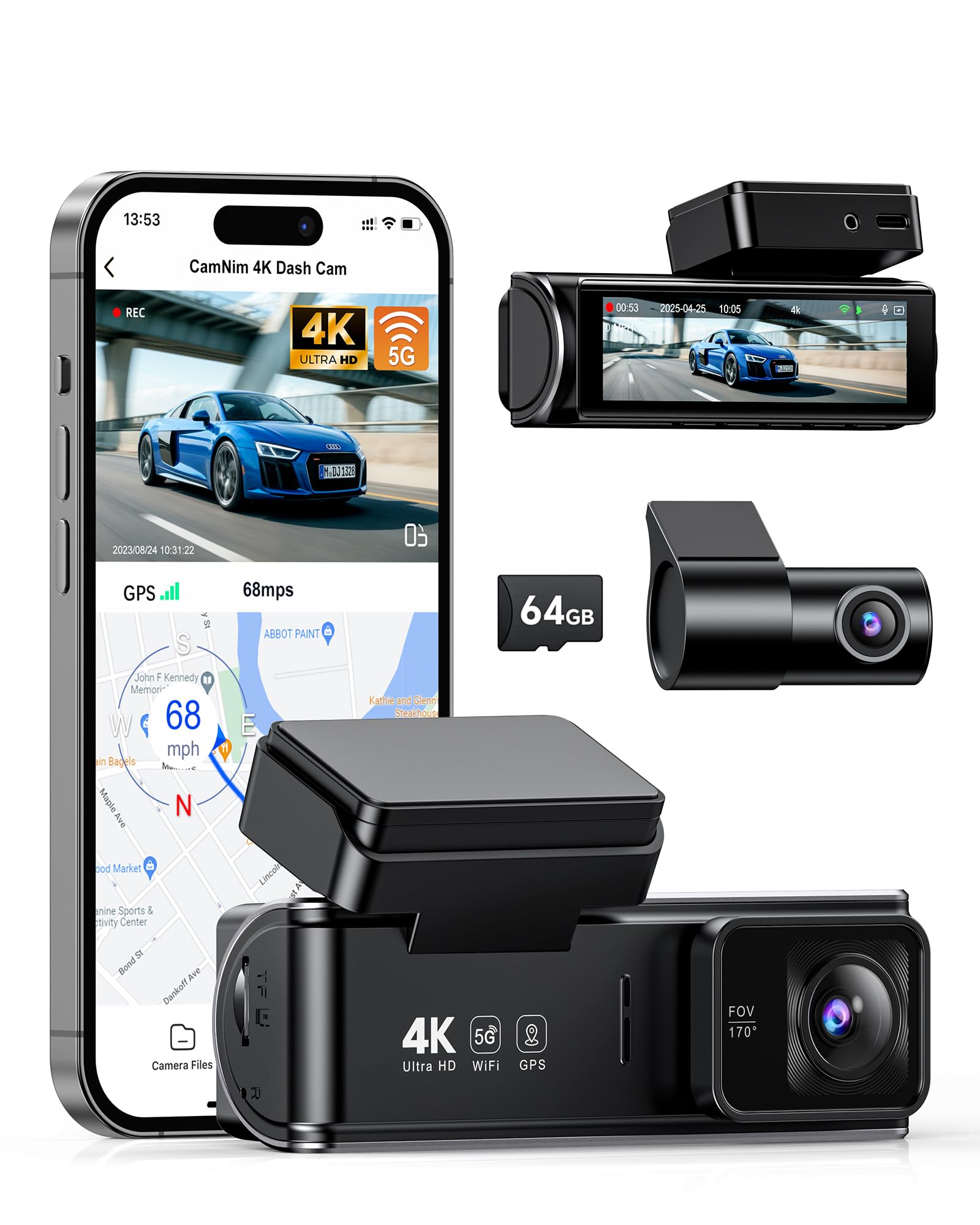 4K Dash Cam Front Rear Dual Dash Camera for Car 5GHz 2 4GHz Wi-Fi GPS Dashcam with Loop