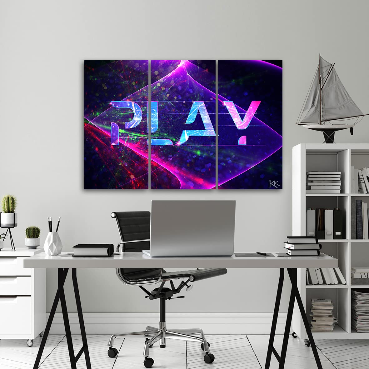 Feeby 3 parti Quadro Canvas 90x60 cm PLAY Gioco Gaming Immagine da parete Foto d'Arte Decorazione Murale Corridoio Neon Laser Per il giocatore viola