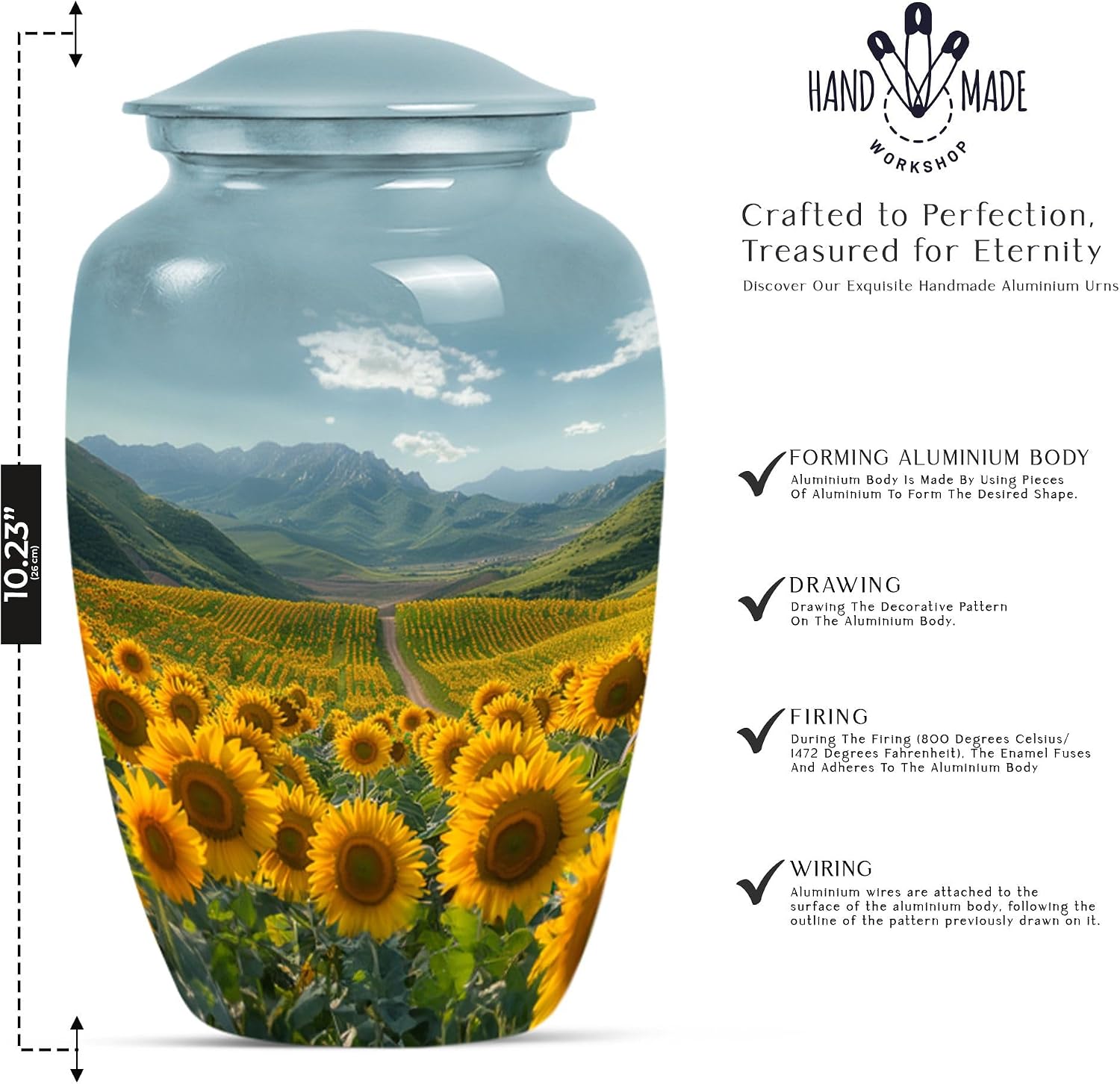 Sunflower View Memorial Urn, 10 Inch Urn for Human Ashes, Large Memorial Urn for Ashes Adult Male, Cremation Funeral Urn, Flower Urn, Gray Urn for Ashes, Human Ashes Urn