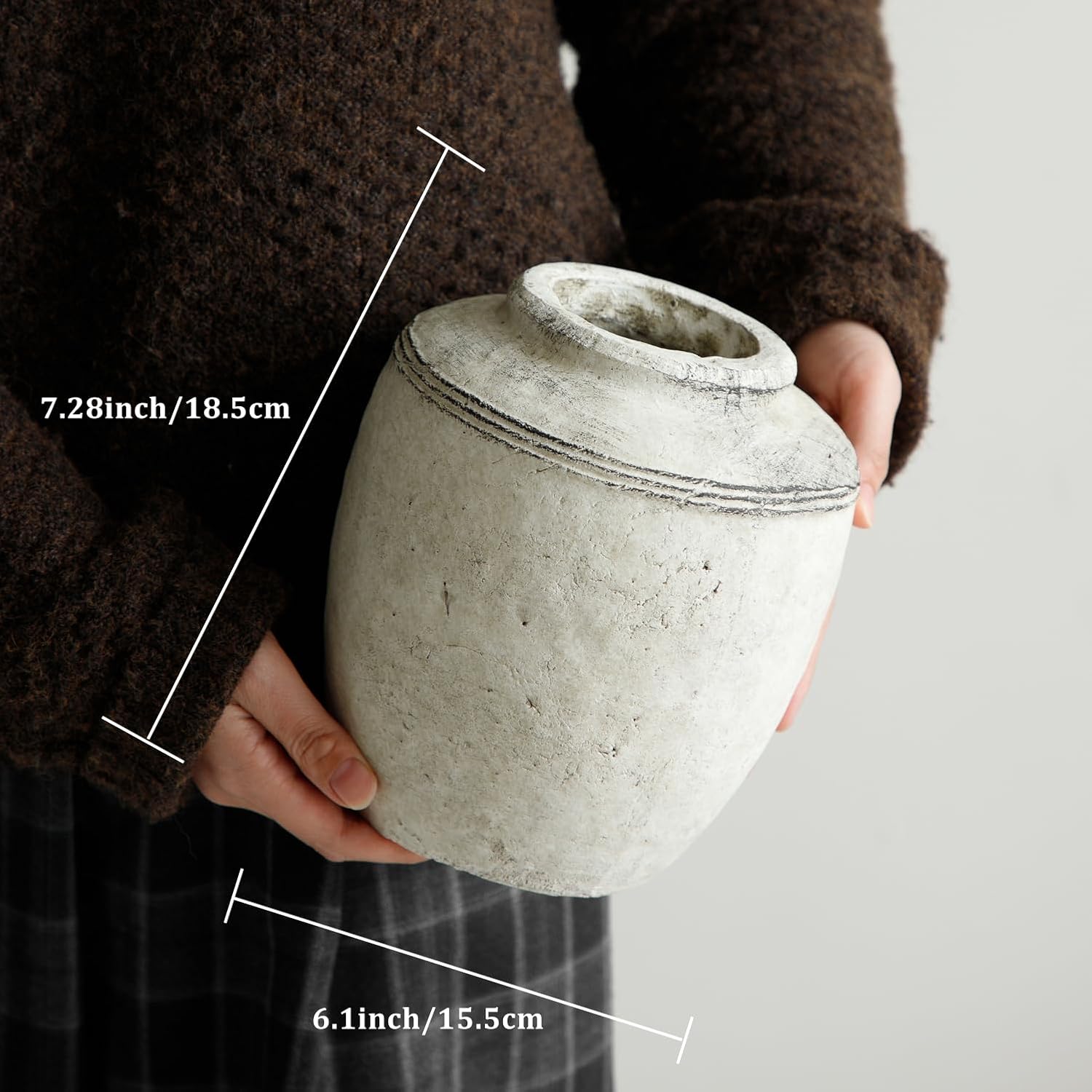 Ceramic Flower Vase, Rustic Farmhouse Terracotta Vase for Home Decor, Aesthetic Decorative Pottery Vases for Table Centerpiece, Living Room, Bookshelf, Bedroom, Kitchen, 7.28" (Small)