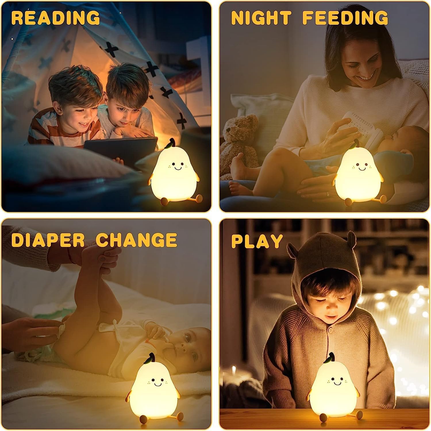 Red-Rubby Silicone Pear Night Lamp, RGB 7-Colour Changing, USB Rechargeable, 1200mAh Battery, Touch Control, 15-20 Hour Working Time 4