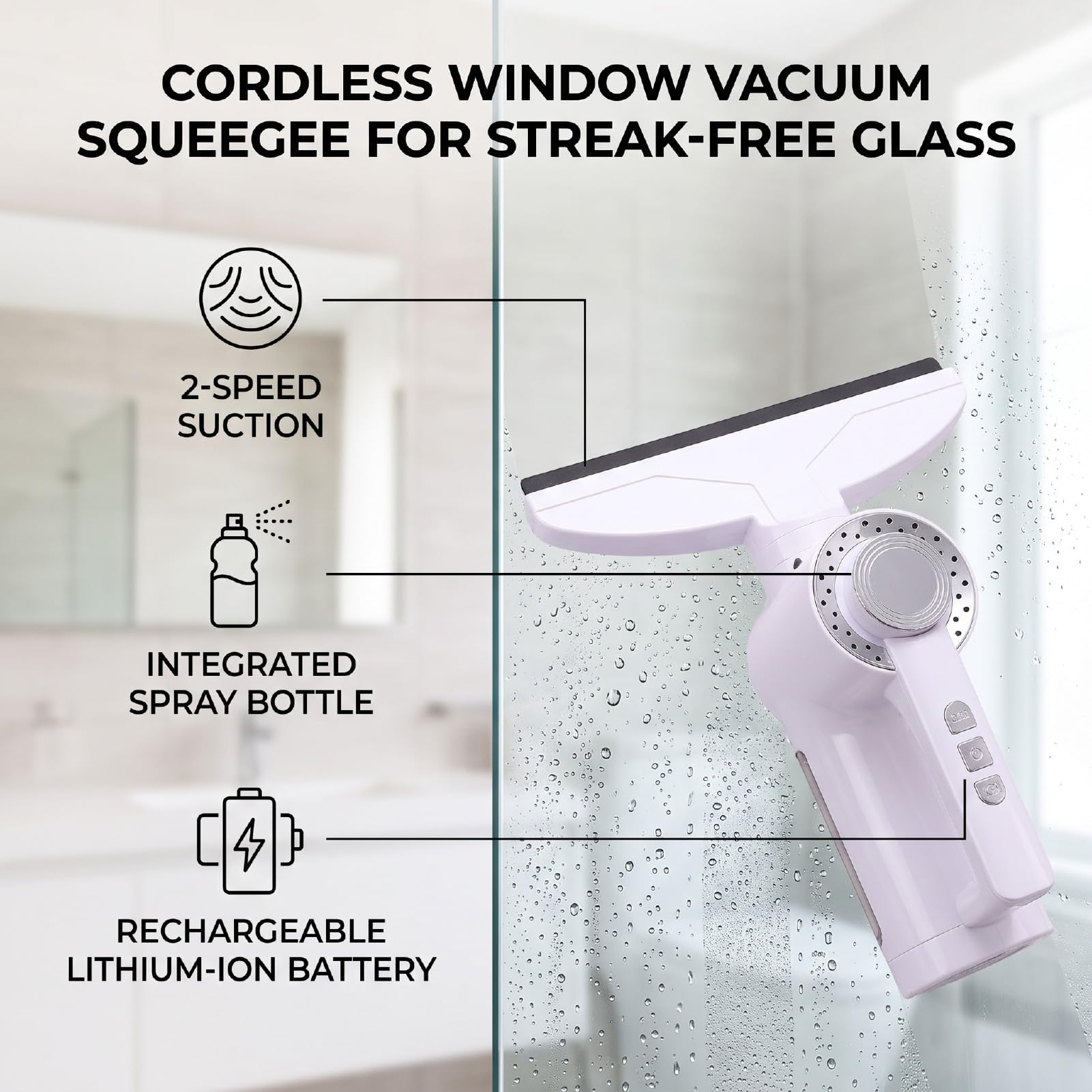 Fockety Fenstersauger, Kabelloser Elektrischer Fensterreiniger mit Sprühflasche, 2 Saugstufen und 2600 MAh Akku, for Duschtüren, Spiegel und Fliesen