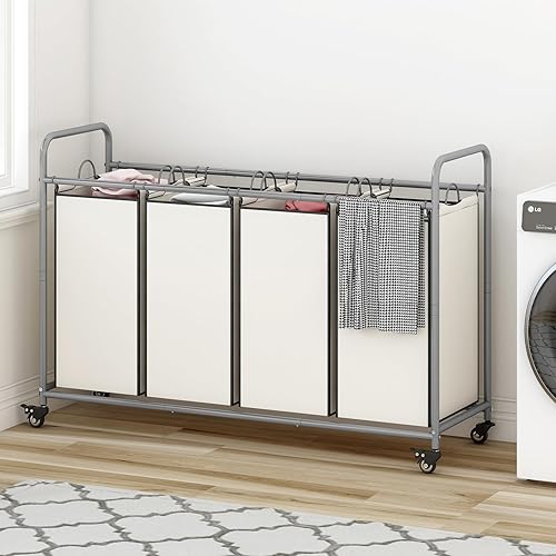 Miniatura 10 de LINZINAR Clasificador de ropa sucia de 3 bolsas, carrito de lavandería con ruedas enrollables resistentes y bolsas extraíbles (beige)