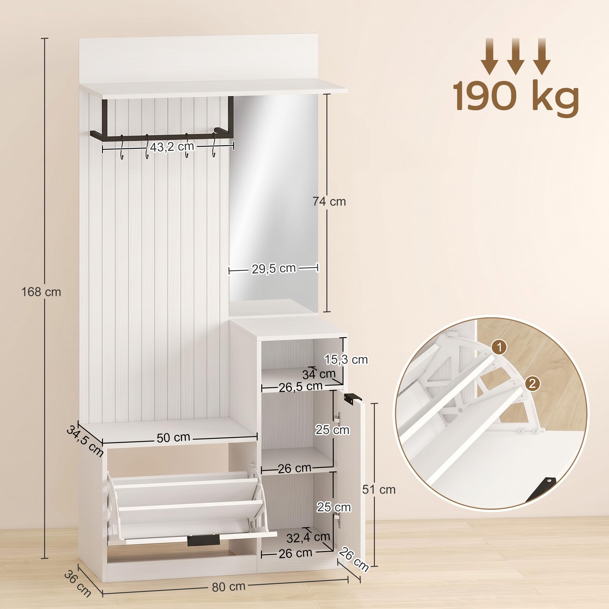 HOMCOM Porte-Manteau 6 en 1 Banc à Chaussures, Miroir, Blanc Effet Bois