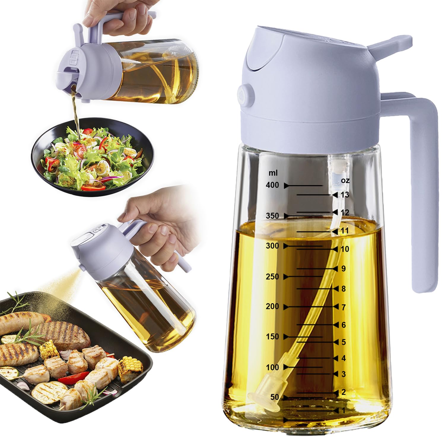 TrendPlain 16oz/470ml Glass Olive Oil Sprayer for Cooking - 2 in 1 Olive Oil Dispenser for Kitchen Gadgets, Air Fryer, Salad, and BBQ - Periwinkle