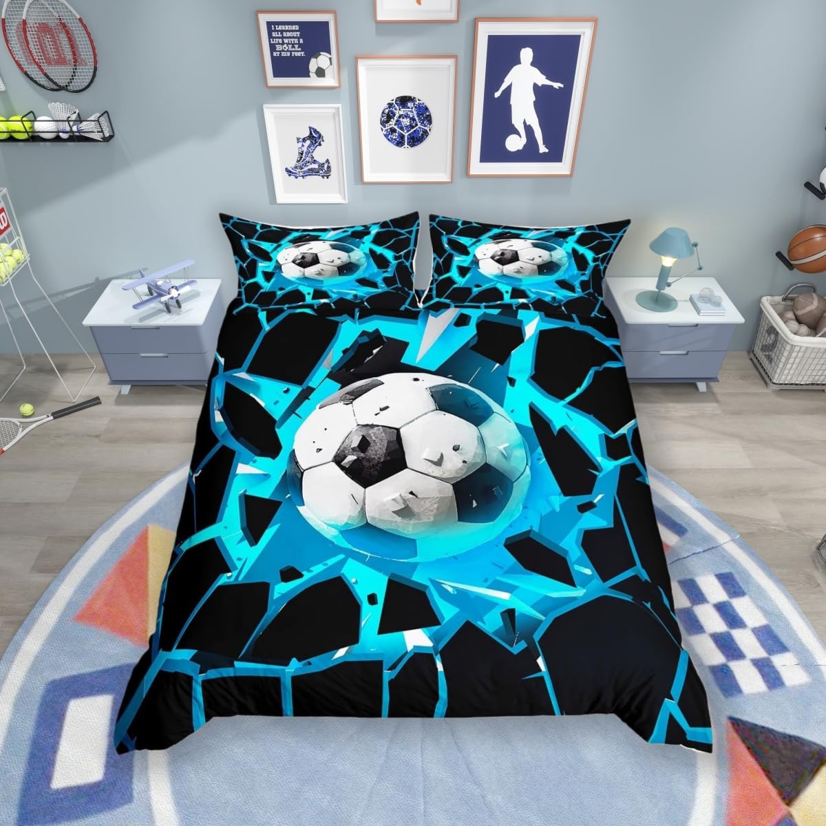 feelingyou American Football Duvet Cover Double Size,Fantasy Fragments Black Comforter Cover for Kids Teens Adults Bedroom Decor,3D Printed Soccer Pattern Bedding Set 2 Pillowcases,No Comforter