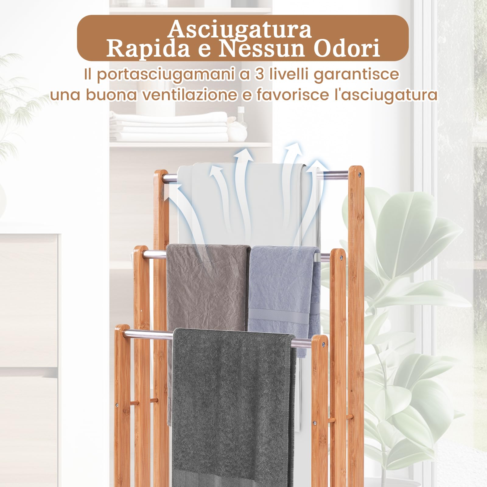 COSTWAY Portasciugamani in Bambù da Terra | Mobile Bagno con 3 Aste per Asciugamano in Acciaio Inox, 46x24x84cm