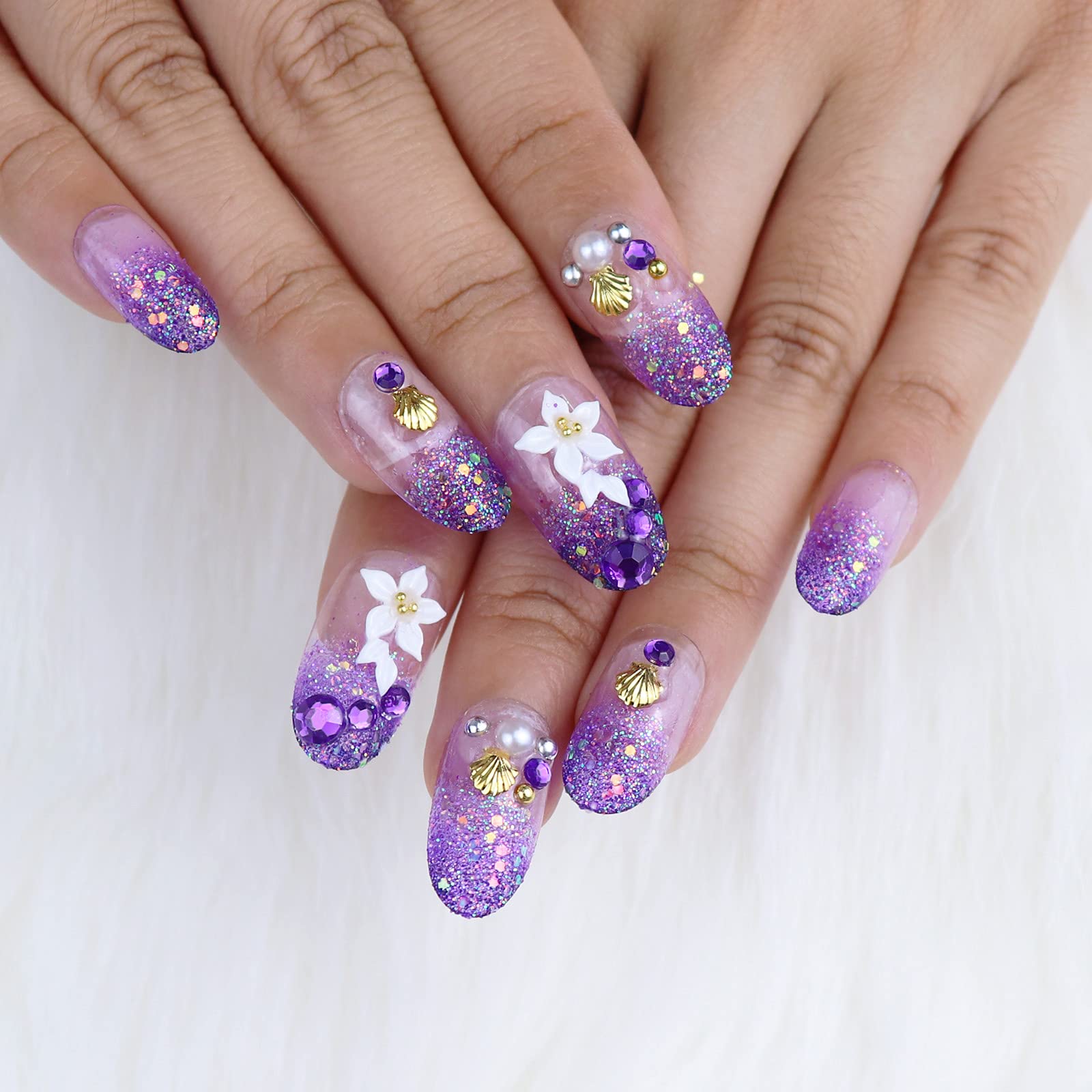 BABALAL Glitter Fake Nails, 24Pcs Purple Rhinestone False Nails Oval Press on Nails with Design for Women and Girls