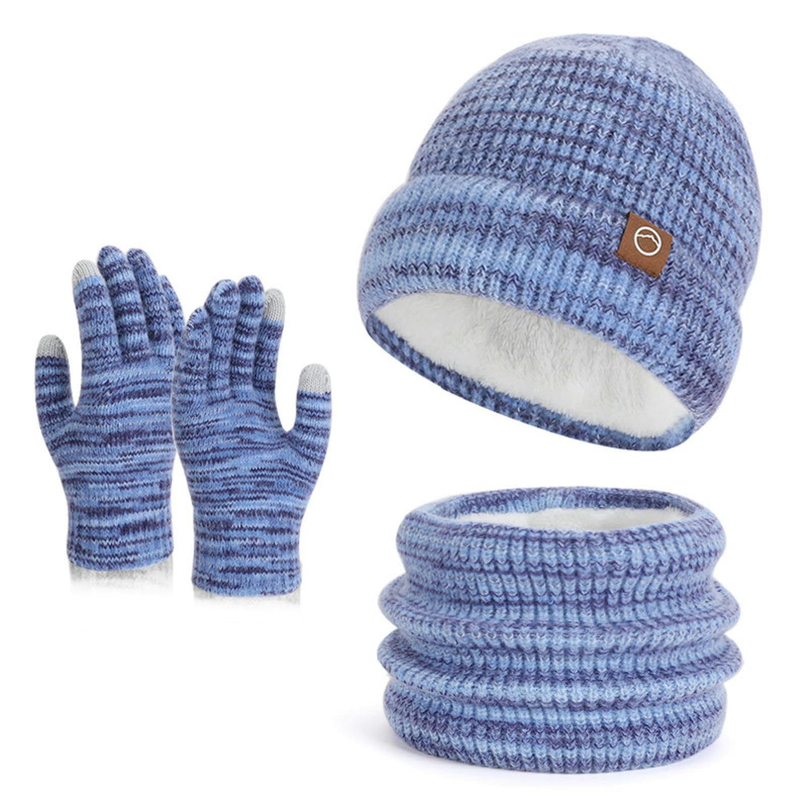 Set de gorro bufanda y guantes de punto azul para invierno y esqui grueso