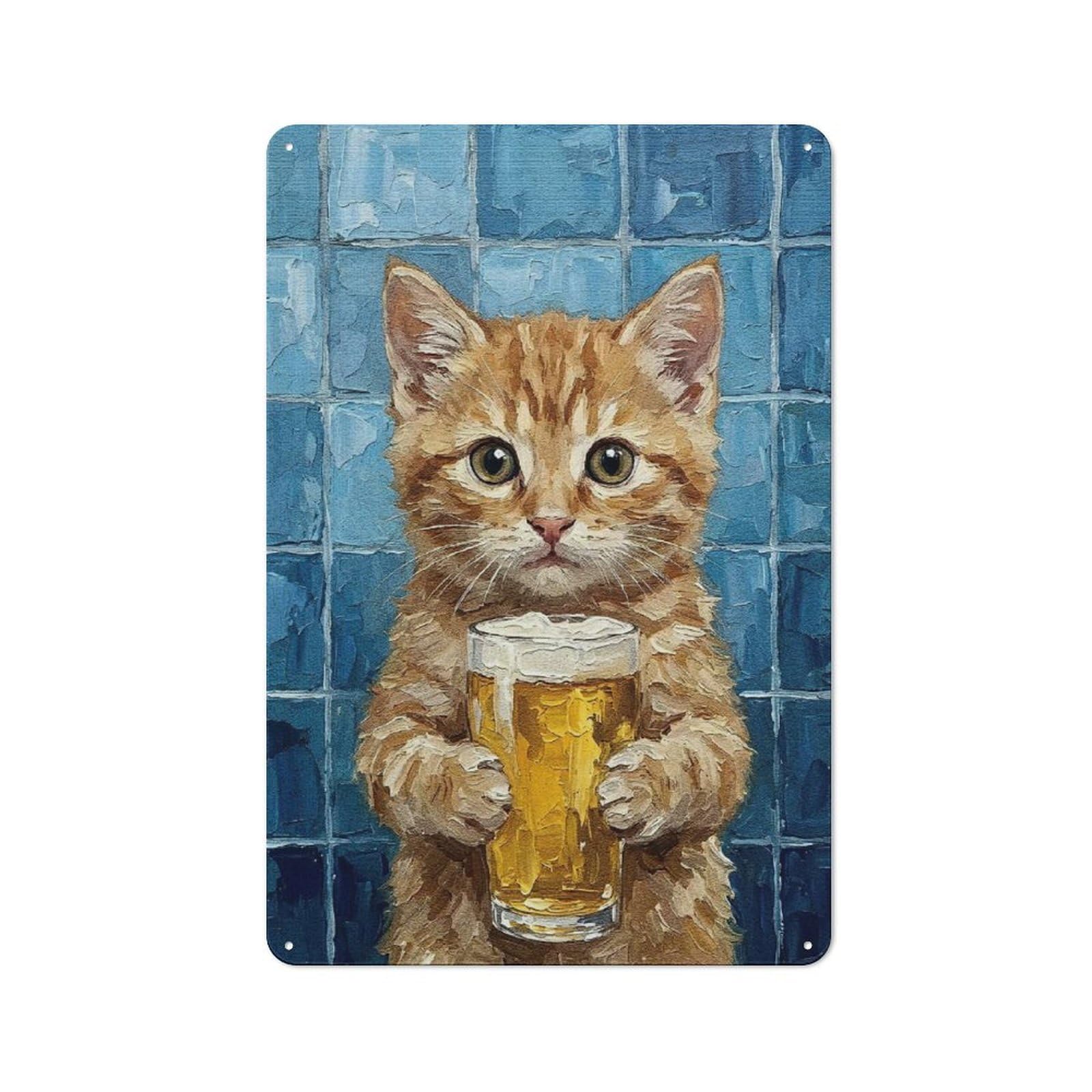 Junmoney Style-7 Rustic Metal Sign 30X20cm Featuring Kitten With Beer Painting For Hallway Wall, A Decorative Gift For A Newly Furnished Hallway