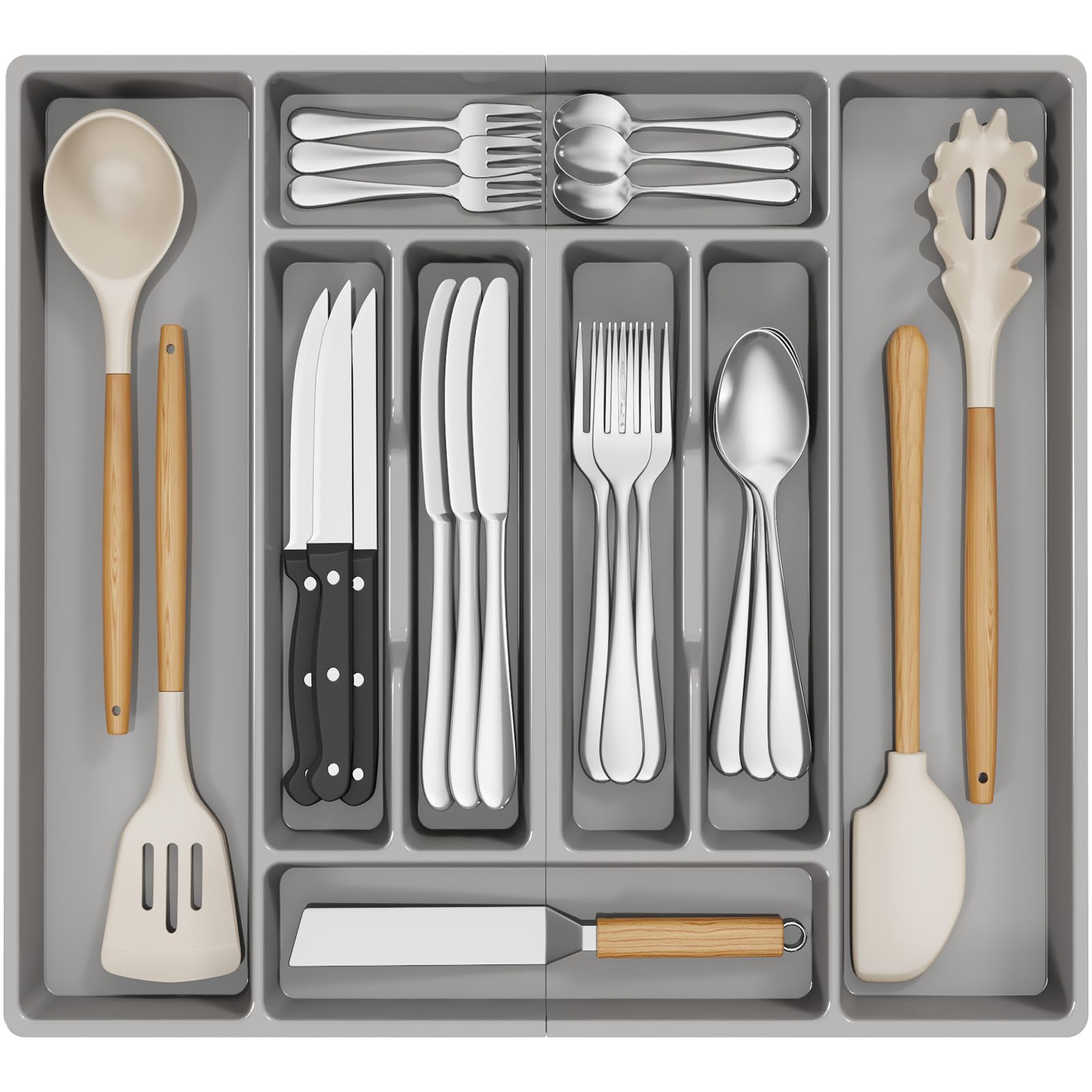 Photo 1 of  Lifewit Silverware Organizer, Plastic Kitchen Utensil Drawer Tray, Cutlery Flatware Storage Holder for Spoons Forks Knives, 20 x 16"/ 52 x 42cm, 8 Compartment, Gray