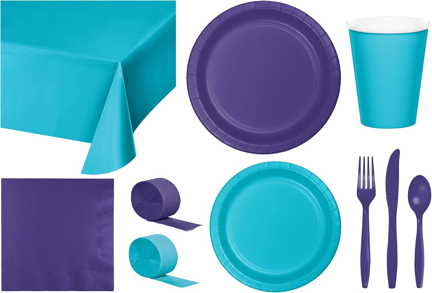 Baxters Party Bundle Bulk, Tableware for 24 People Candy Pink and Bermuda Blue, 2 Size Plates Napkins, Paper Cups Tablecovers and Cutlery, Box of 199