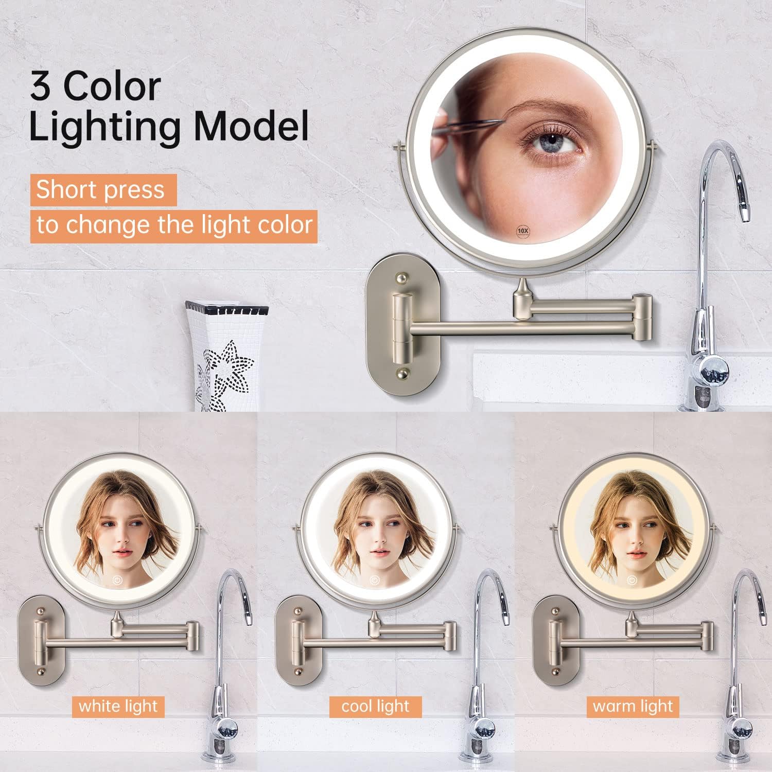 Rechargeable Wall Mounted Lighted Makeup Vanity Mirror 8 Inch Double Sided 1X 10X Magnifying Bathroom Mirror, 3 Color Lighting, Touch Screen Dimming, Extended Arm 360 Rotation Shaving Light up Mirror -
