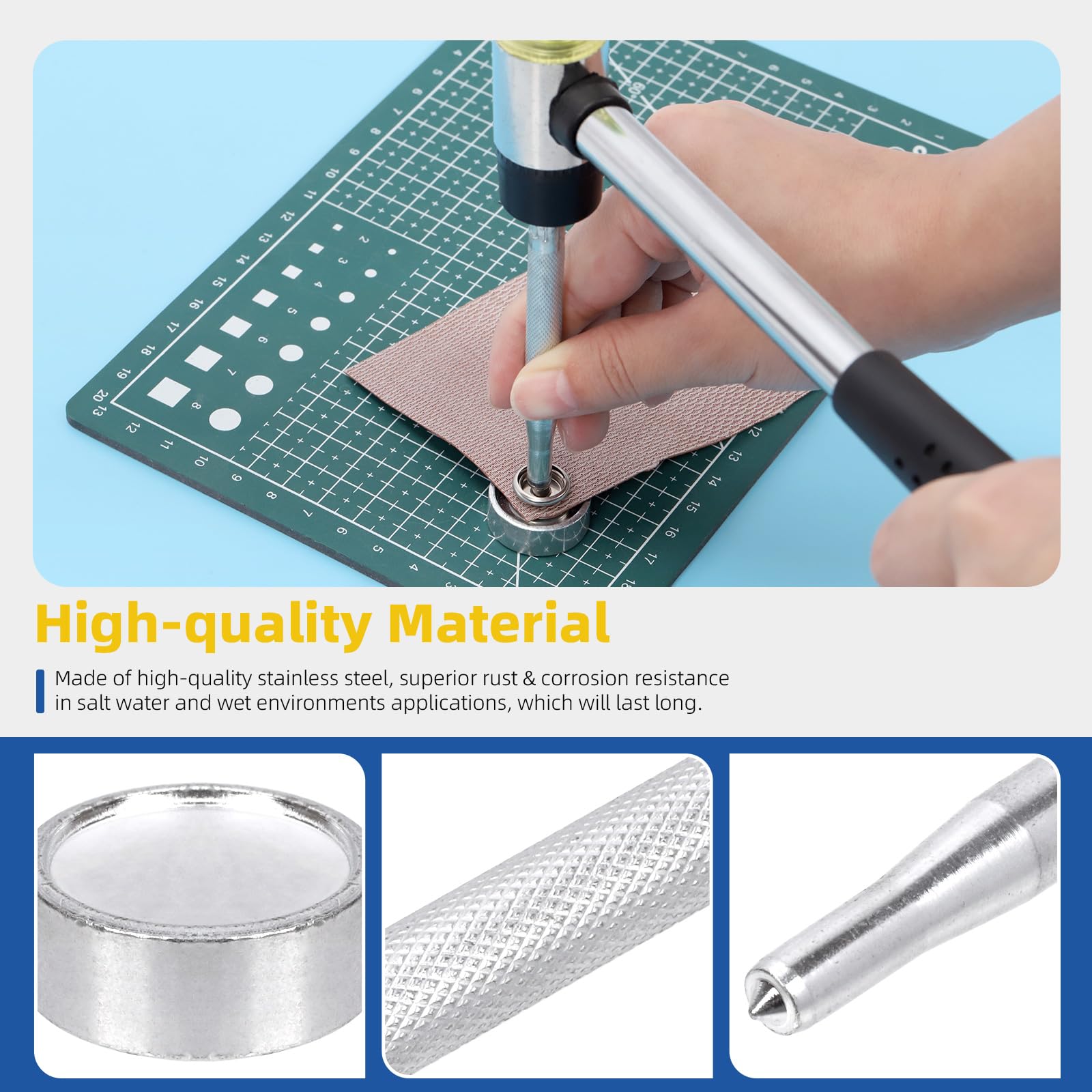 BetterJonny Kit 350 Bottoni A Pressione In Acciaio Inox Grado Marino Nero, Con 3 Attrezzi Per Tappezzeria, Tela, Pelle E Fai-da-Te