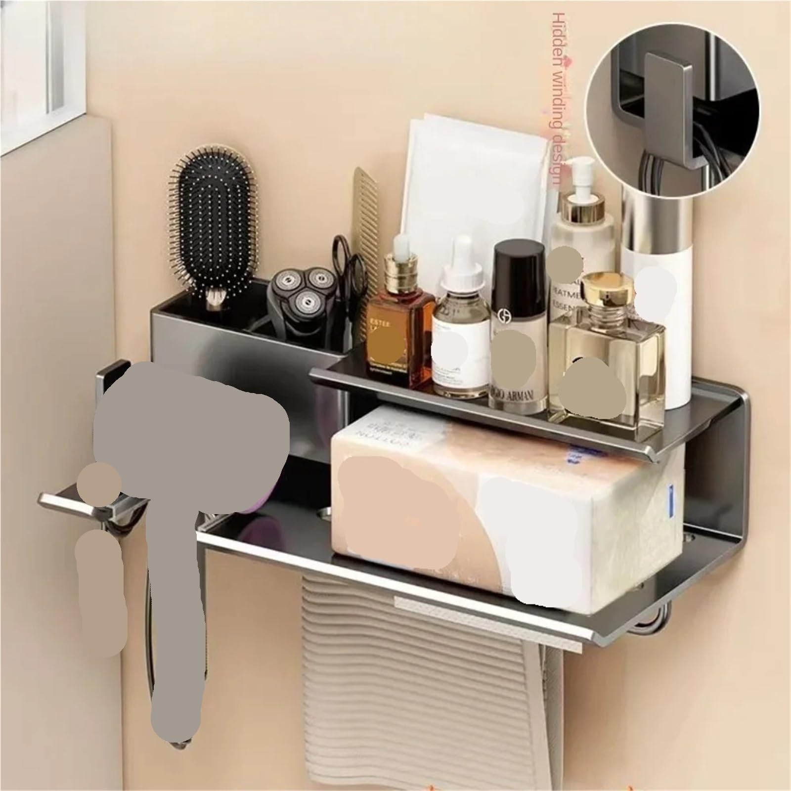 Estante for secador de Pelo for baño, for montado en la Pared, Peine, Estante Almacenamiento Multifuncional, estantes for para Secador de Pelo(Black)