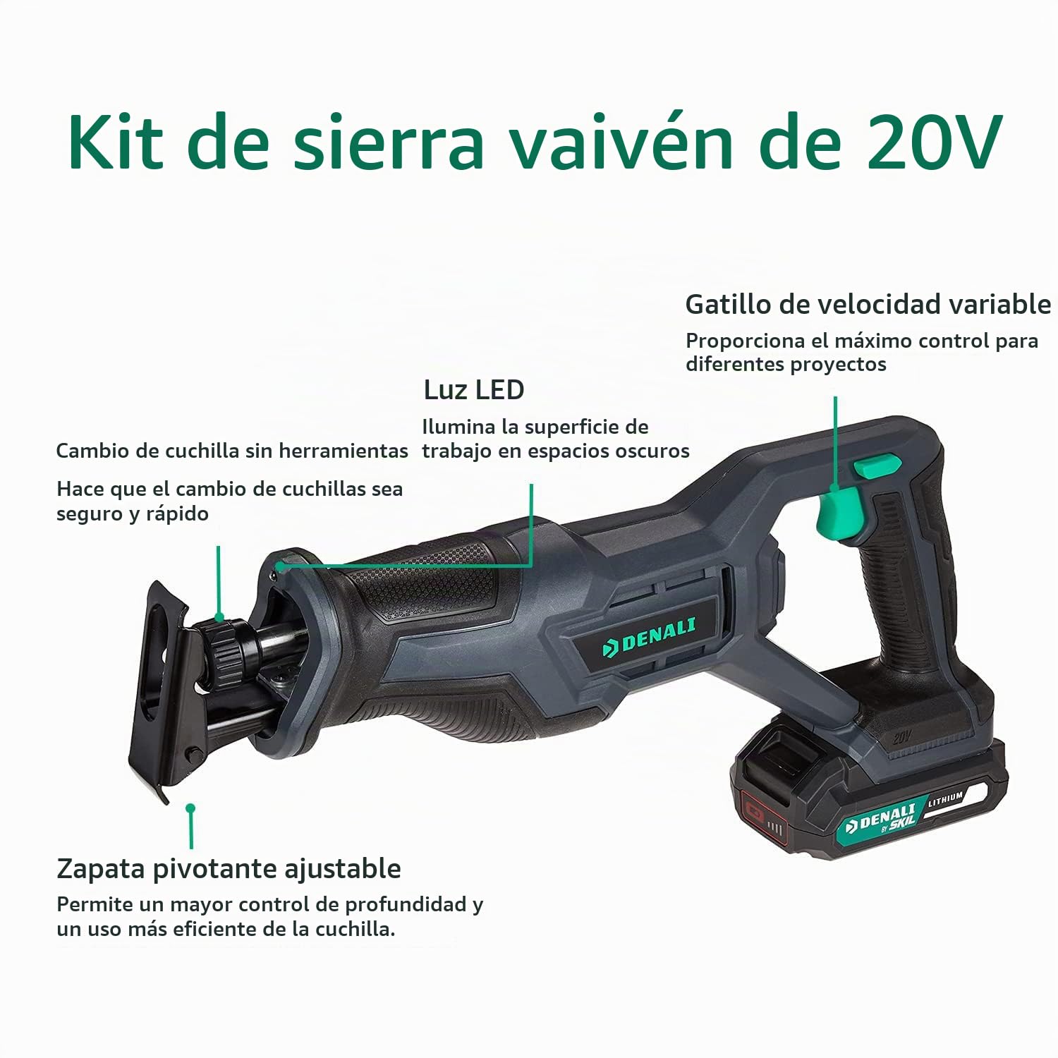 Marca Amazon - Denali by SKIL Juego de taladro de 18 V (20 V máx.), sierra de sable, sierra circular y luz reflectante, 2 baterías de litio de 2 Ah y cargador, Azul