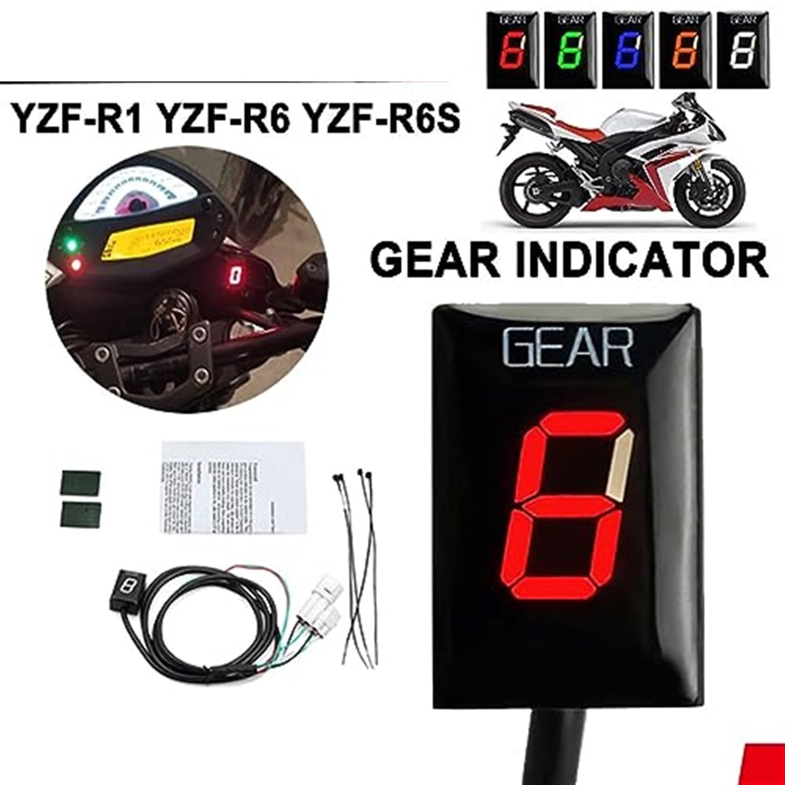 Moto 1-6 Velocità Indicatore di Marcia Meter Accessori Moto, for YZF-R1 YZF-R6 YZF-R6s YZF R1 R6 R6S YZFR1 YZFR6 Indicatore di marcia della moto(BLACK Red)