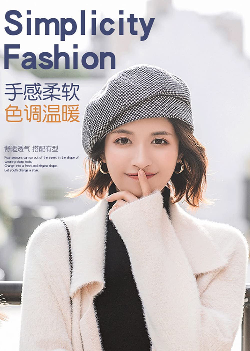 JUENAWMIU Women Winter Classic Beret Hat Newsboy Cap Painter Hats Houndstooth Beret Hats