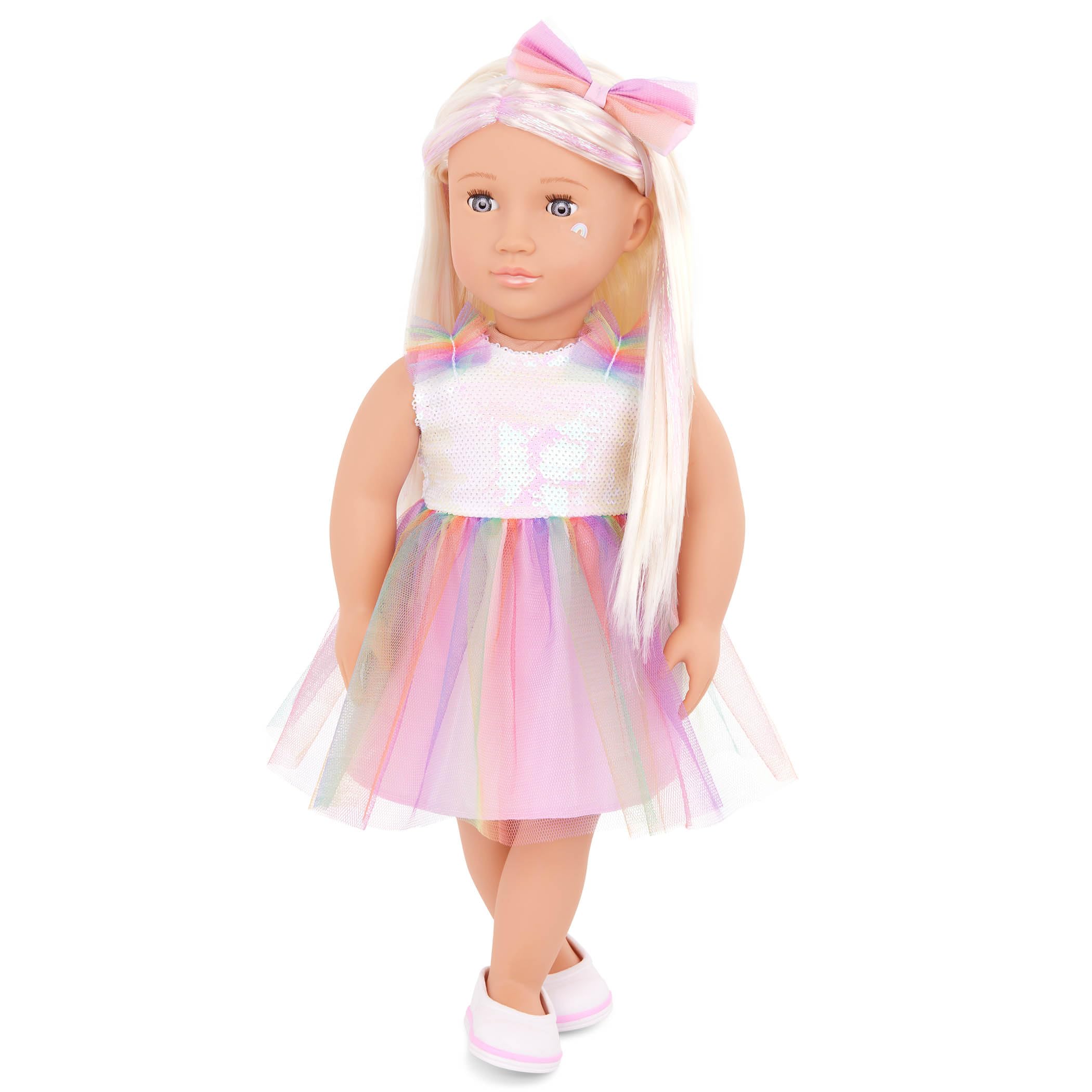 Our Generation – 46 cm Puppe – Violette Augen und Haare mit Strähnchen – Puppenkleidung mit Regenbogenmotiv – Rollenspiel – Spielzeug für Kinder ab 3 Jahren – Iris