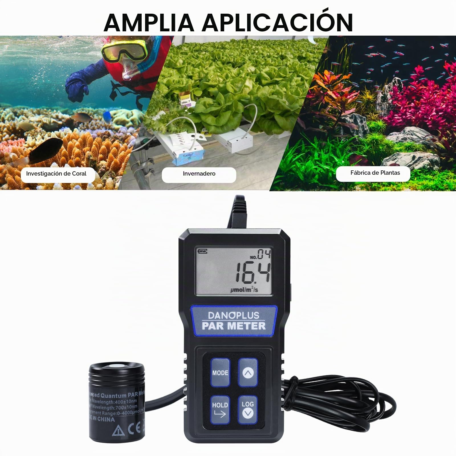 Medidor PAR para Tanque de Arrecife Impermeable Acuario IP68 Sensor Cuántico Registrador de datos PPFD Medidor PAR con cable de 200 cm y poste telescópico sólido de 94 cm Incluido