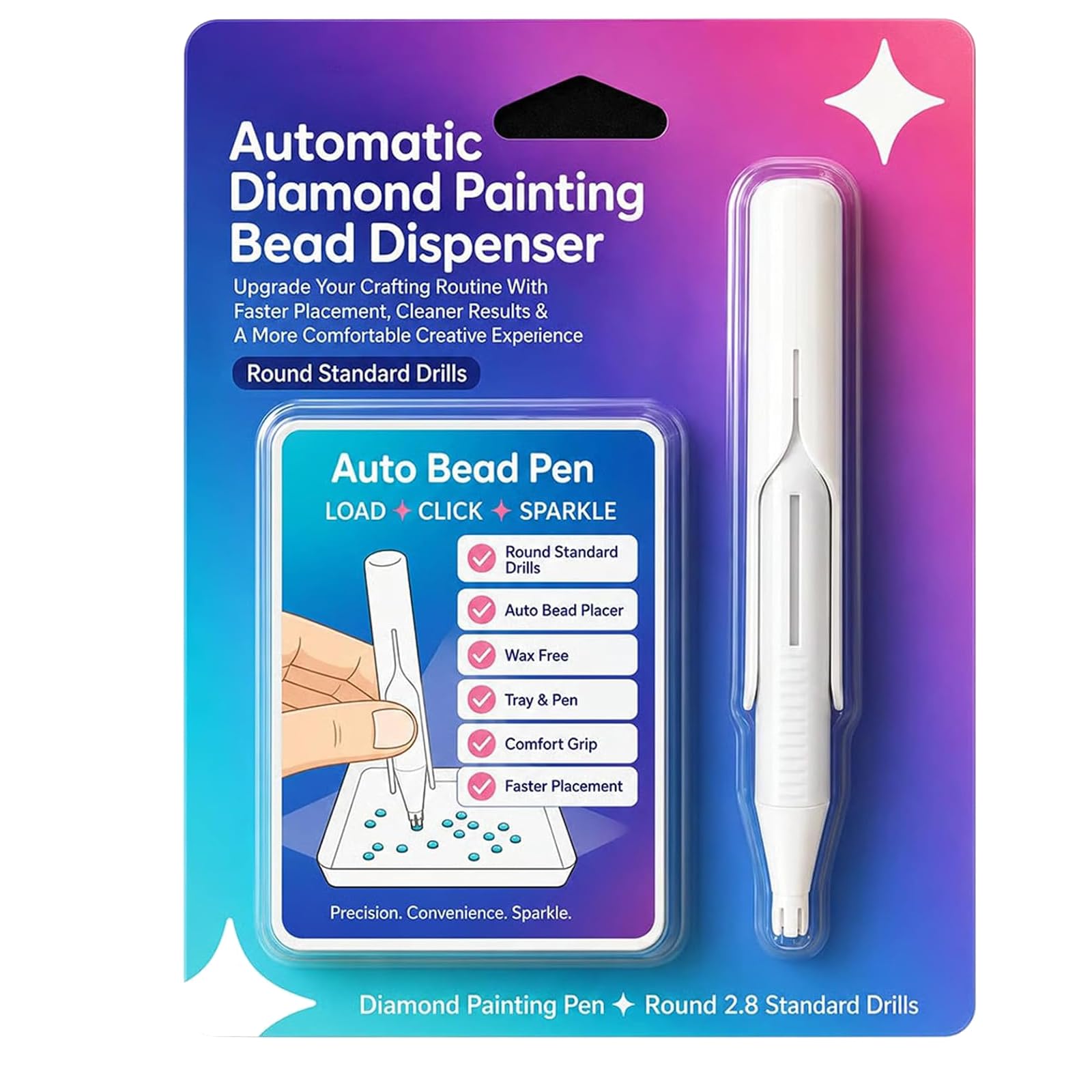 CRTZHA Automatic Diamond Painting Bead Dispenser, Auto Bead Dispenser for Diamond Art, DiamondArt Tools Pen No Wax Needed, Load 20 Beads, Comfortable Grip (White)