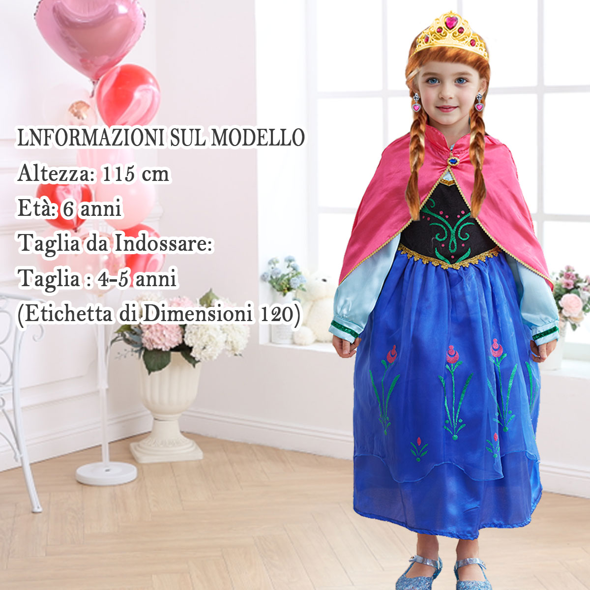 Costume Da Principessa Anna Per Bambina - Vestito Di Tulle Verde Con Accessori - Taglia 130 (5-6 Anni) - 3