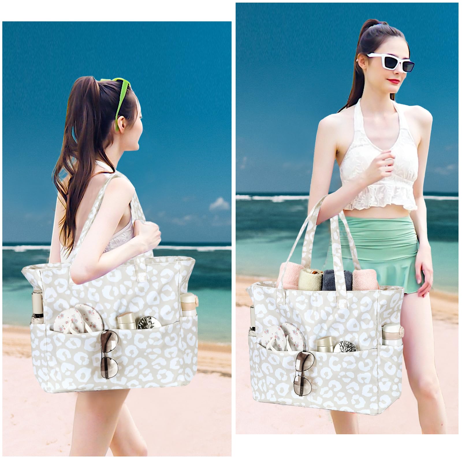 LEDAOU Strandtasche für Damen, wasserdicht, sanddicht, Strandtasche mit Reißverschluss, für Schwimmen, Fitnessstudio, Essen, Reisen, mit Nasstasche | Sanddicht