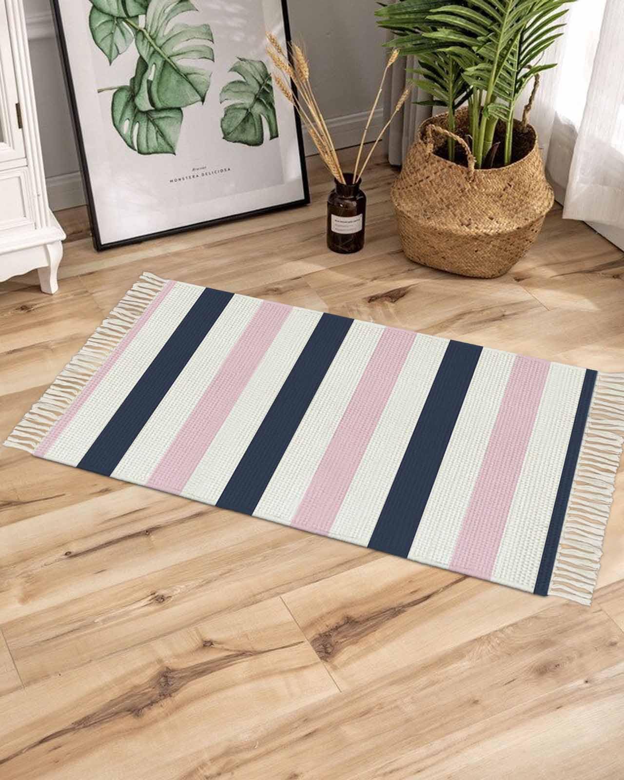 Amazon.com: Pink Navy Blue Striped Bath Rug 2x3ft Woven Bathroom