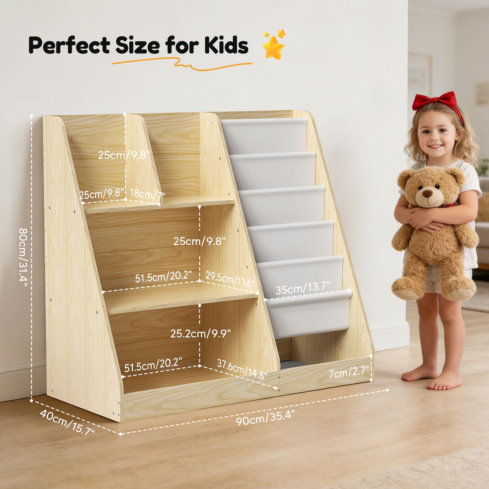 Libreria per bambini, a 5 ripiani, con 4 scomparti aperti, libreria in legno per bambini, camera da letto, sala giochi, aula e asilo nido