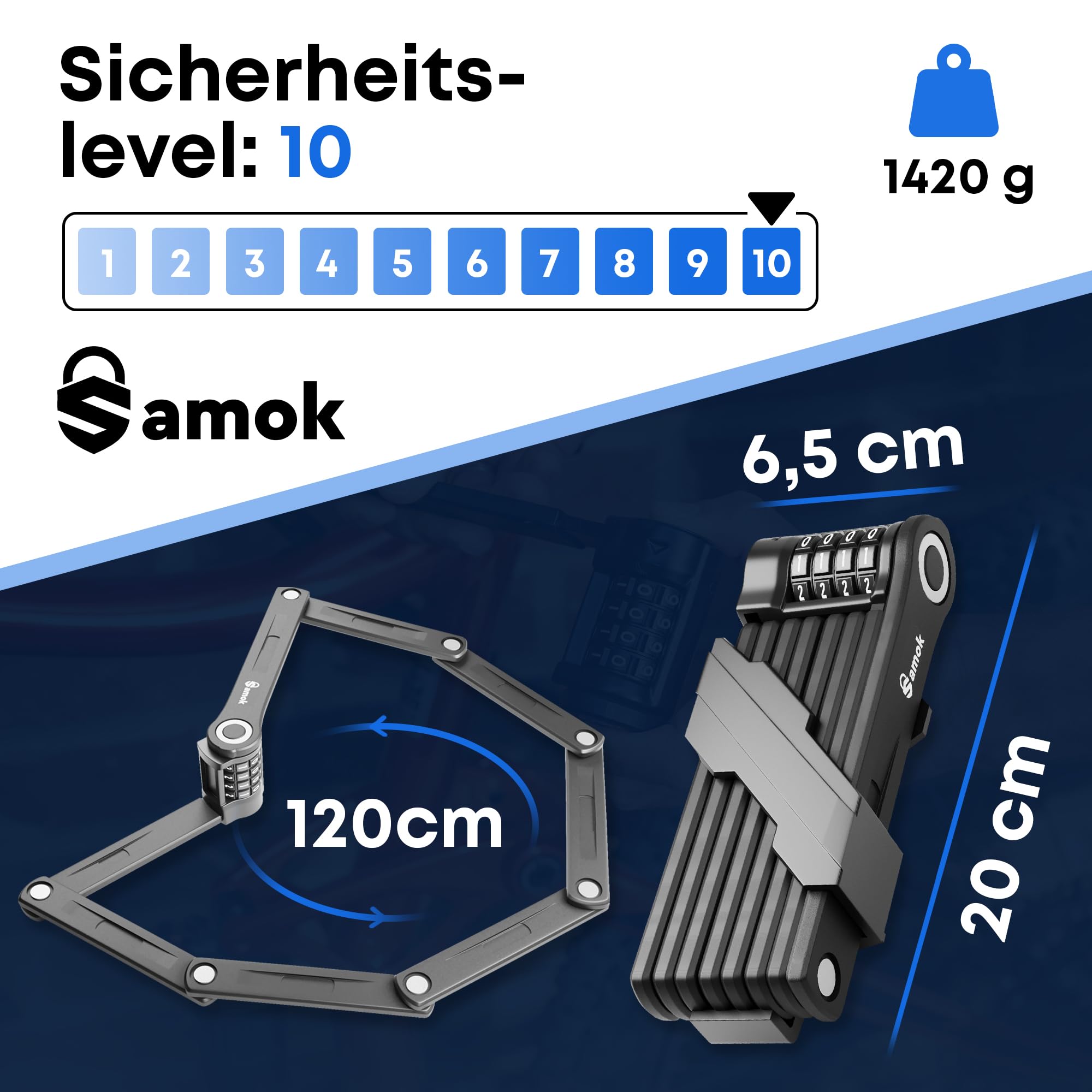 Samok® Antivol pour vélo - Code à 4 chiffres - 120 cm - Avec support - Antivol pliable en acier - Avec numéros et chiffres - Haut niveau de sécurité 10 - Antivol pour vélo électrique et VTT