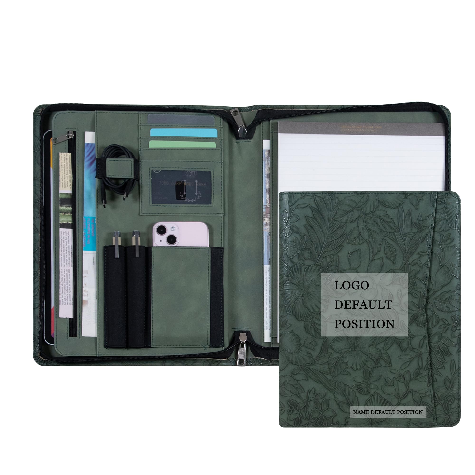 AZXCG Leather Portfolio with Zipper Embossed PU Leather Padfolio Dark Green
