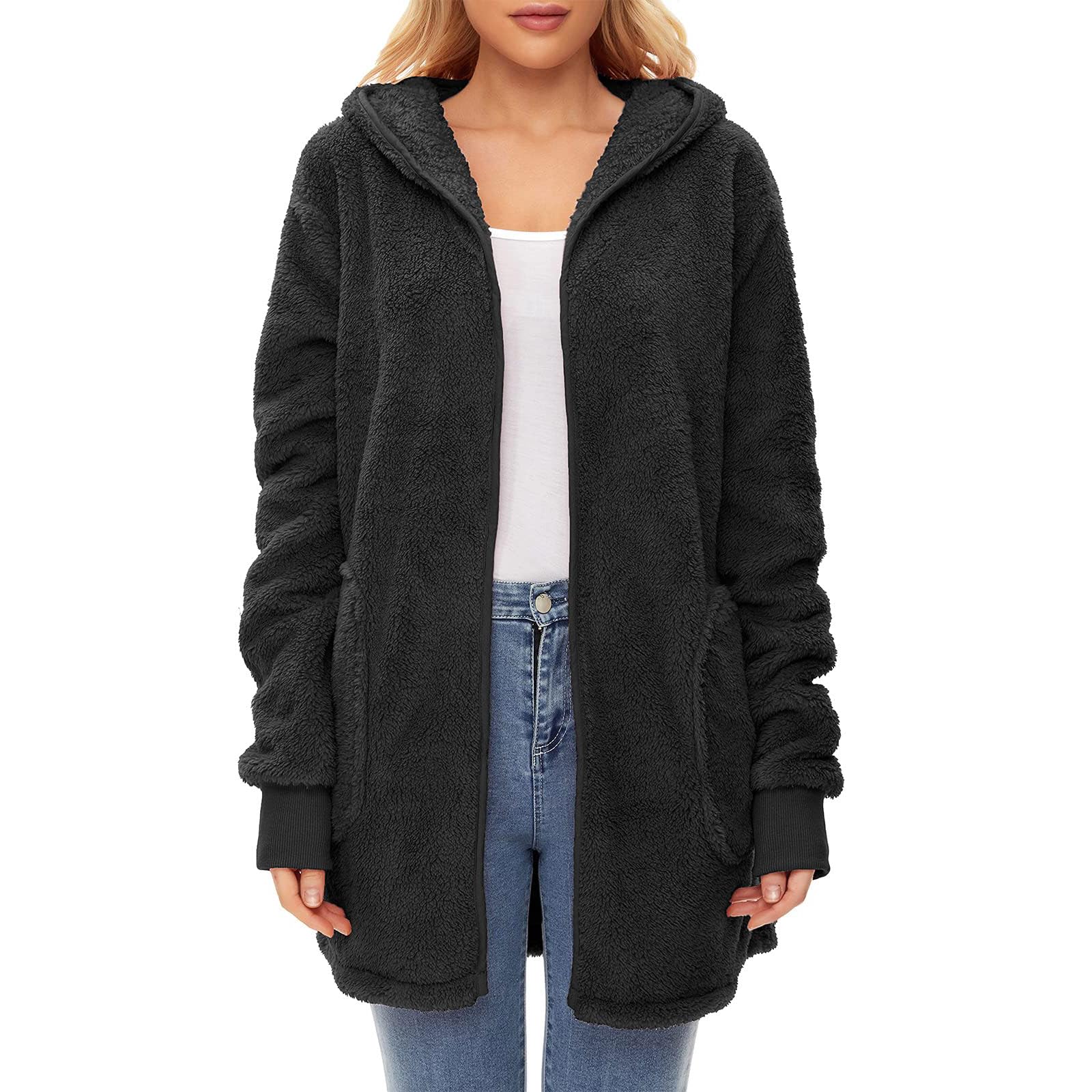 Women Jackets Open Front Long Cardigan Fleece Coat Fall Casual Sweater Soft Winter Warm Outerwear with Pockets