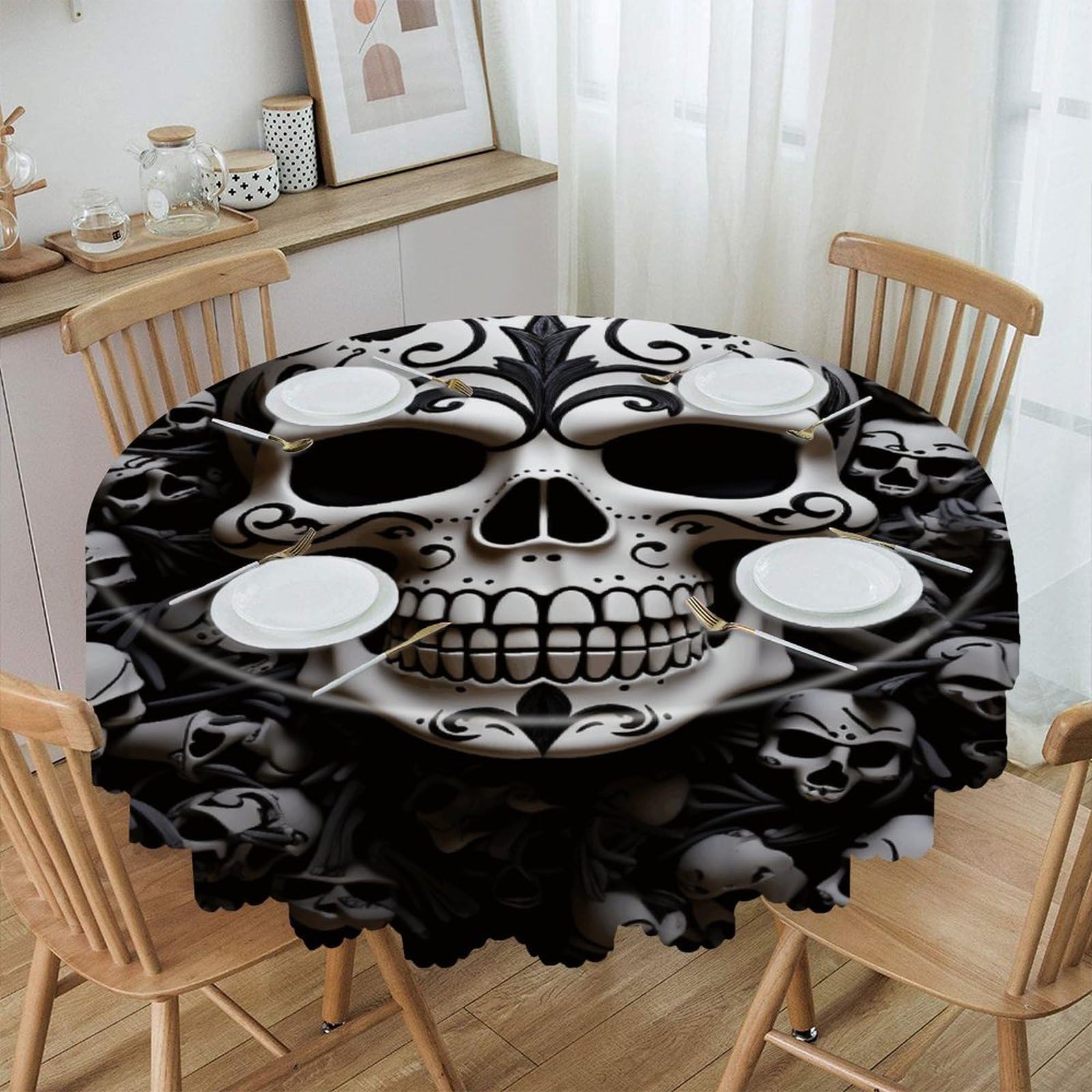 VstaDank Black and White Skulls Round Tablecloth Premium Polyester Table Cloth Heavy Duty Washable Fabric Tablecloth Waterproof Holiday Table Cover Decorative Tablecloths for Dining 60"