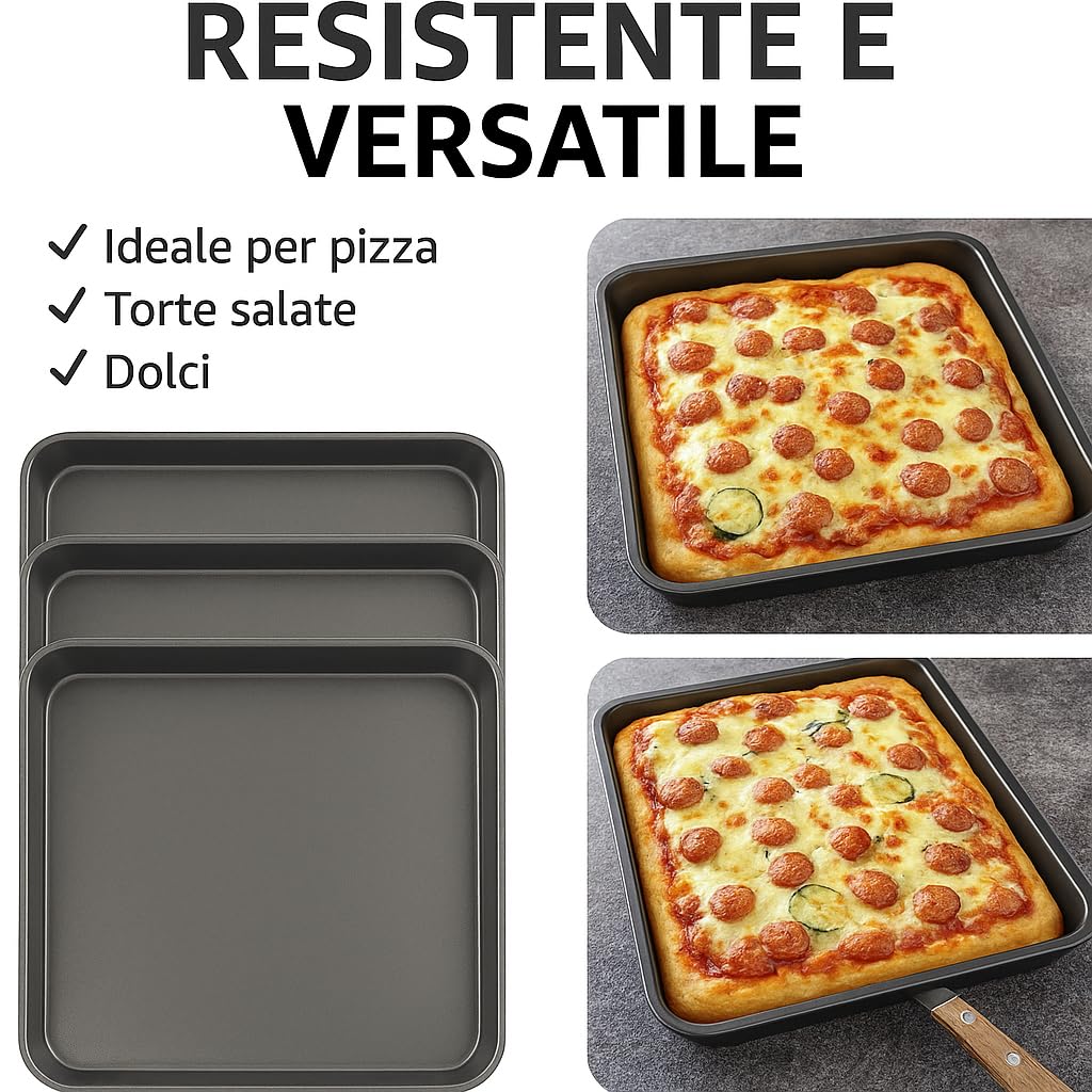 3 Tris teglia da forno pizza quadra quadrata cm 30x30h3