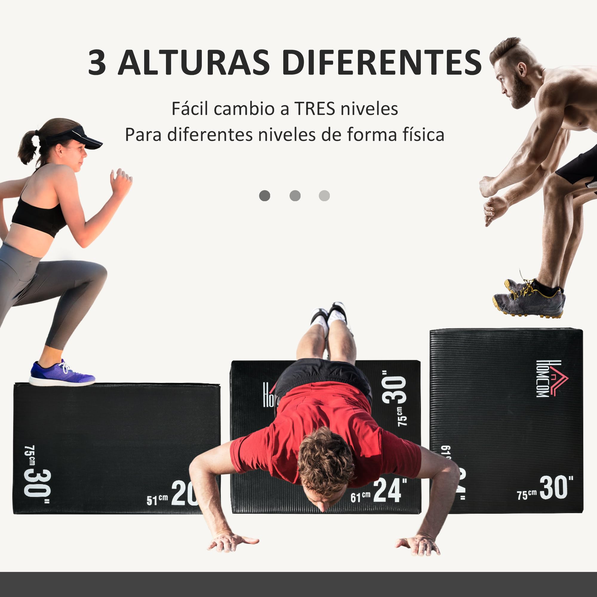 HOMCOM Caja Pliométrica 3 en 1 con Cremallera Caja de Salto con 3 Alturas Diferentes Entrenamiento de Fuerza en Casa Oficina Gimnasia Carga 120 kg 75x51x61 cm Negro
