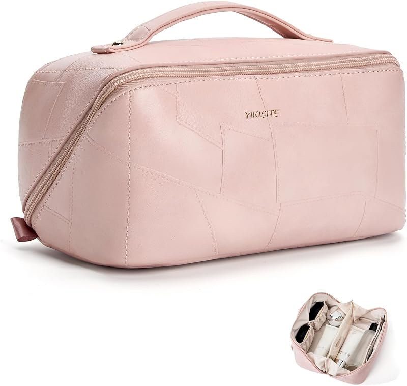 Necessaire de maquiagem Yikisite em couro sintético rosa com divisórias e zíper