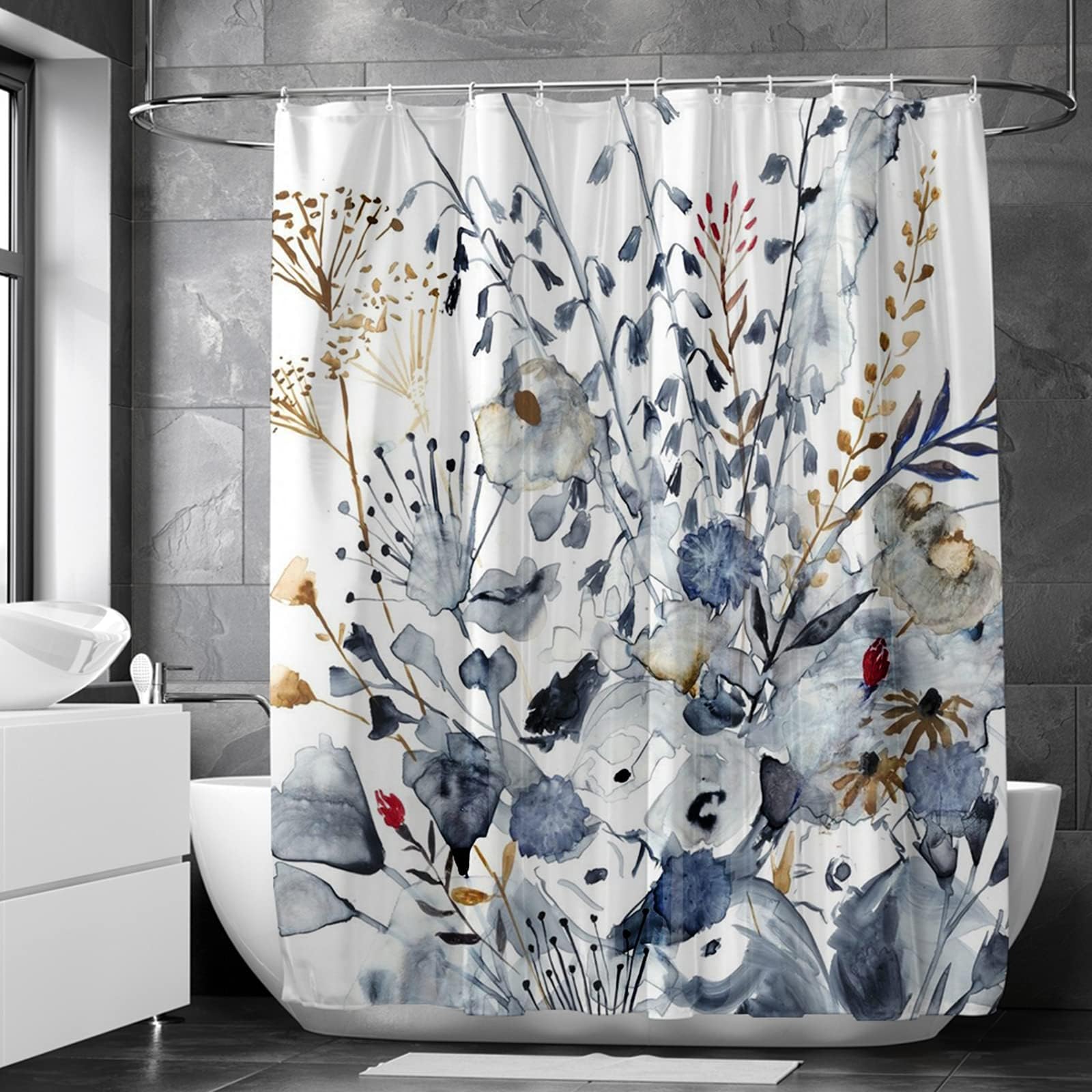 Excefore Floral Shower Curtain, 72” x 72” Bathroom Floral Watercolor Leaves on The Top Botanical Nature Fabric Bath Curtain Country Plant Cloth Bathroom Decor